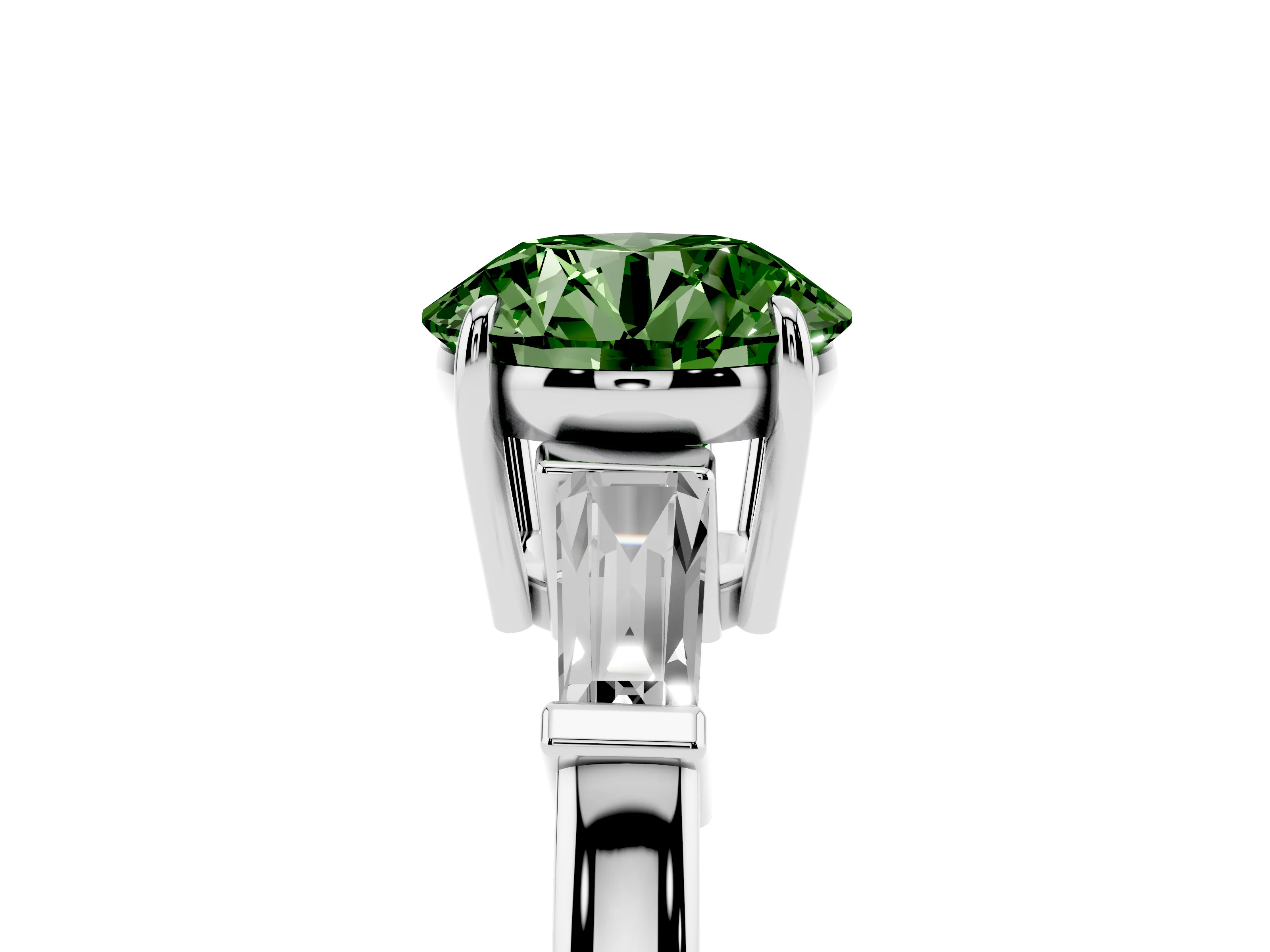 Fancy Green Round Cut Diamond Three-Stone Ring Set in White gold with Tapered Baguette Side Stones and Prong Setting