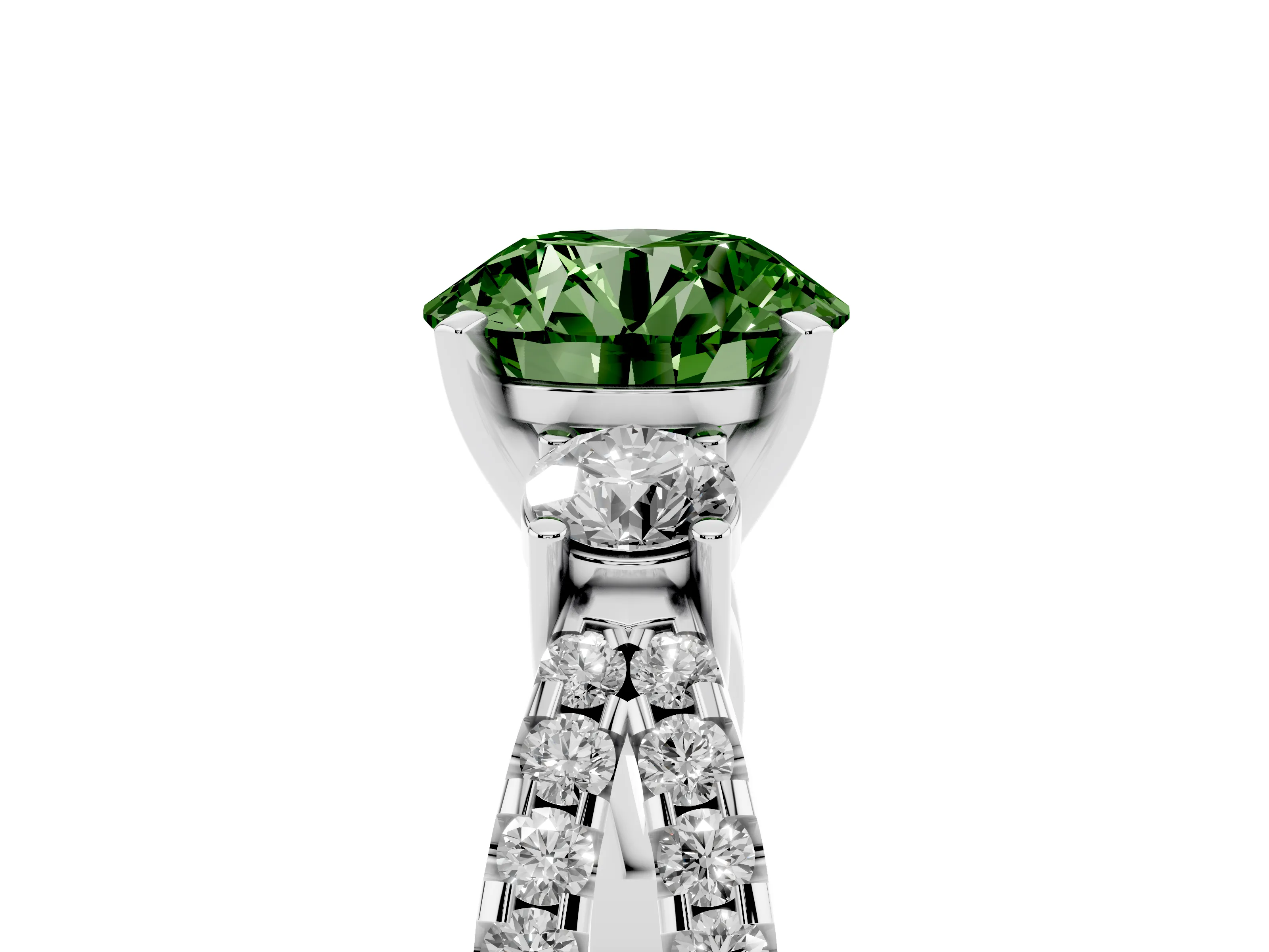 Fancy Green Round Cut Diamond Three-Stone Ring Set in Platinum with Pavé Split Shank and Prong Setting