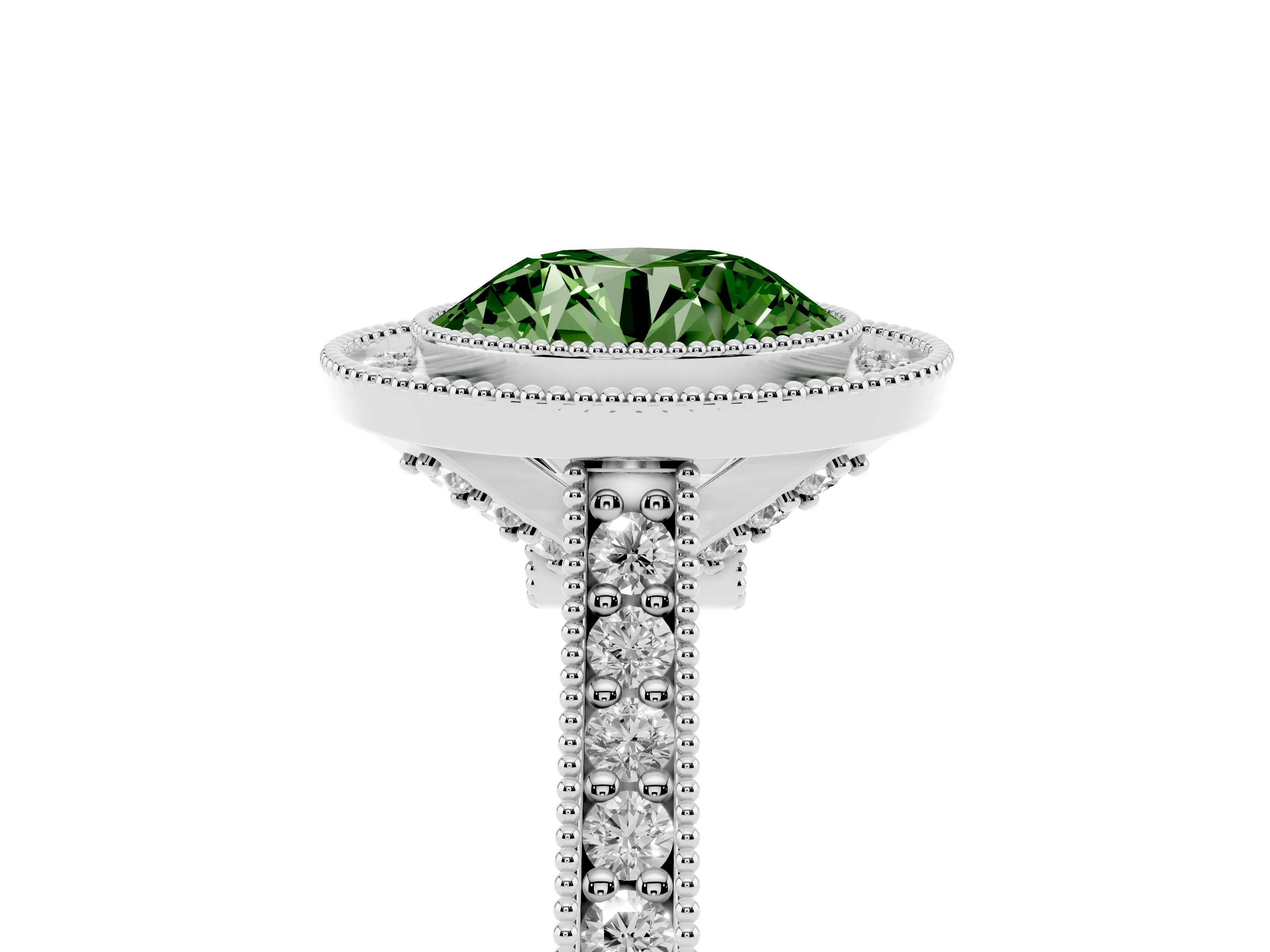 Fancy Green Round Cut Diamond Halo Milgrain Pavé Band Ring Set in Platinum with Prong Setting