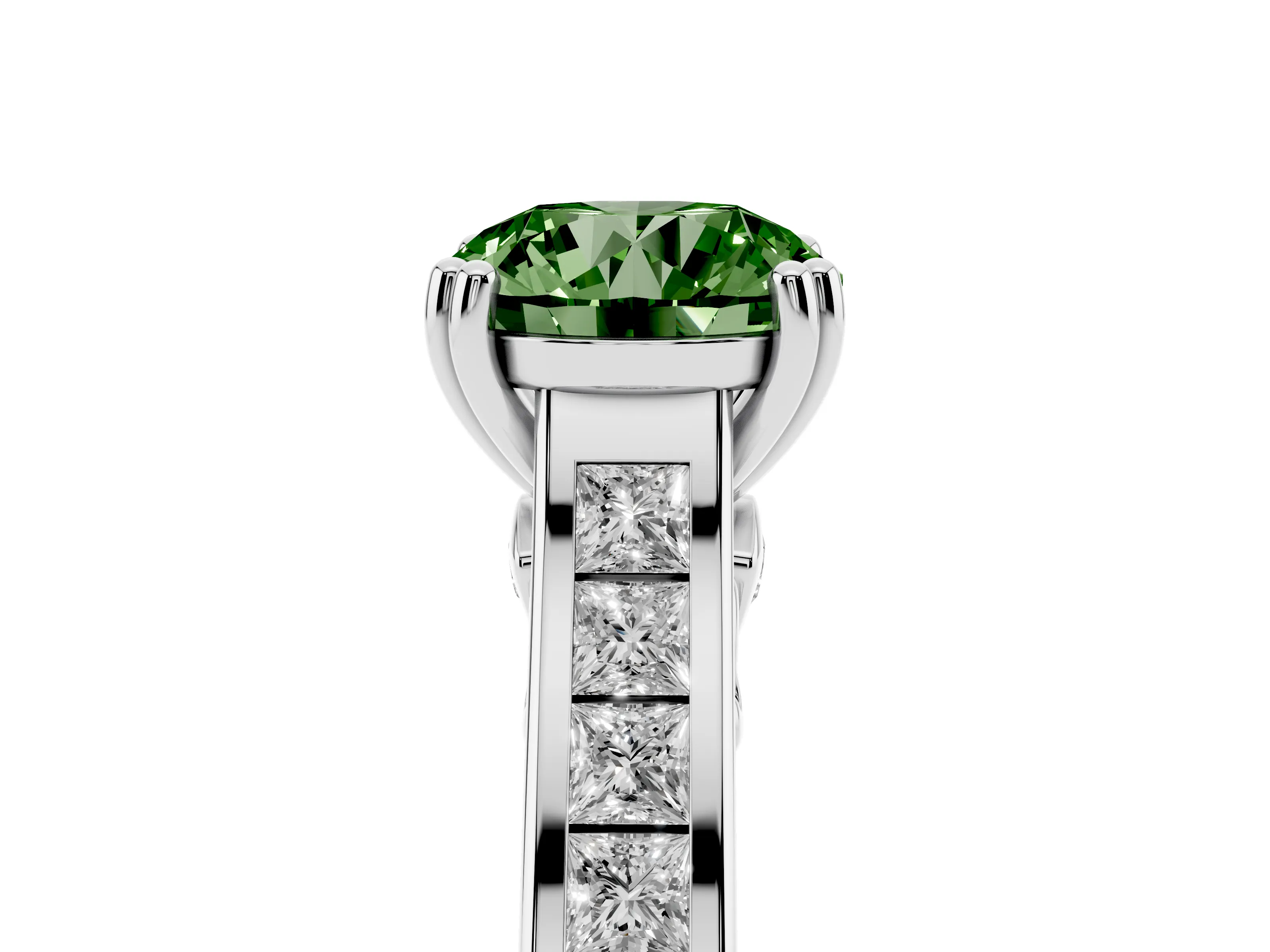Fancy Green Round Cut Diamond Channel Set Solitaire Engagement Ring Set in Silver with Prong Setting