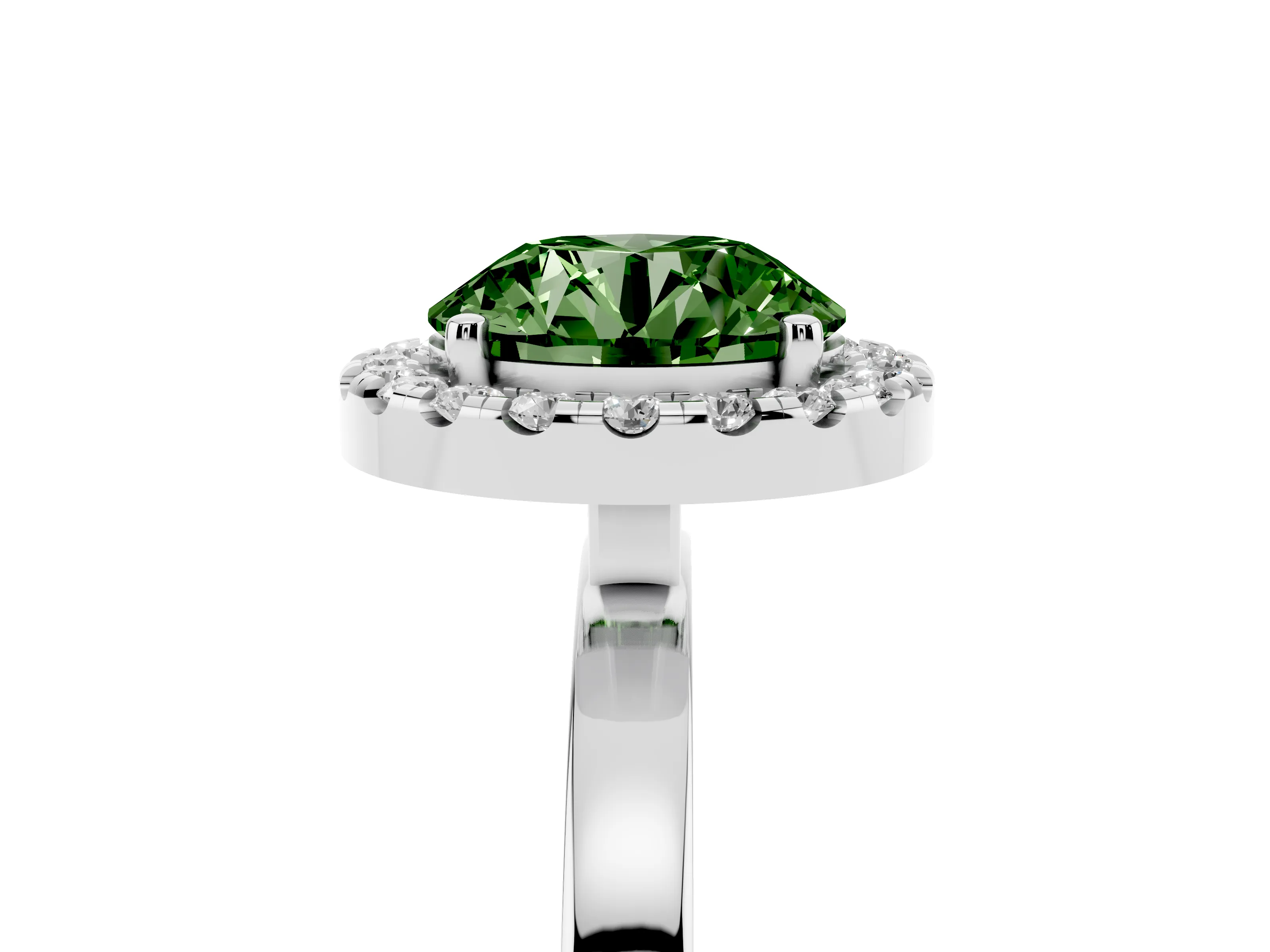 Fancy Green Round Cut Diamond Halo Solitaire Ring Set in Platinum with Pavé Band and Prong Setting