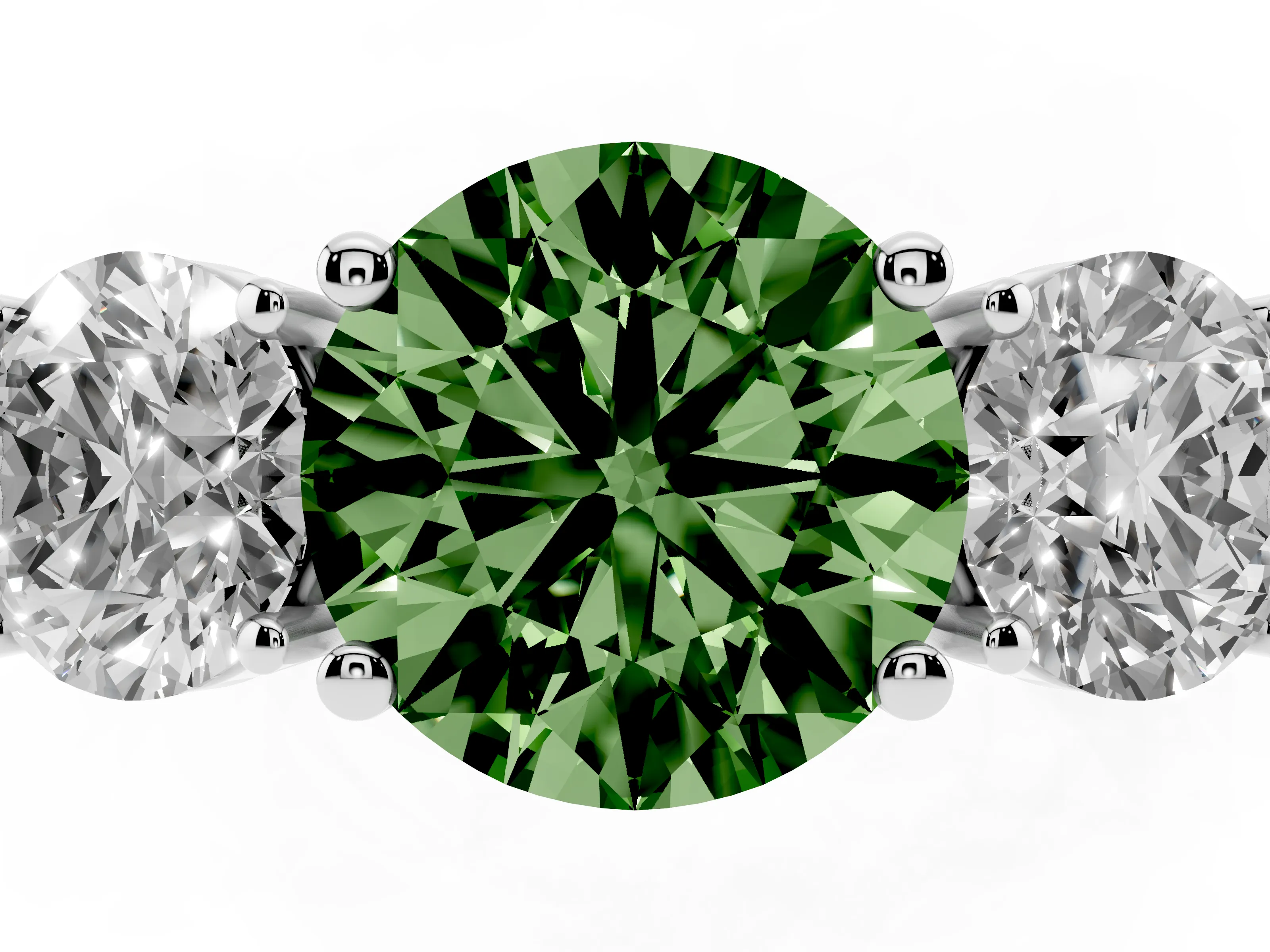Fancy Green Round Cut Diamond Three-Stone Engagement Ring Set in Silver with Flat Band