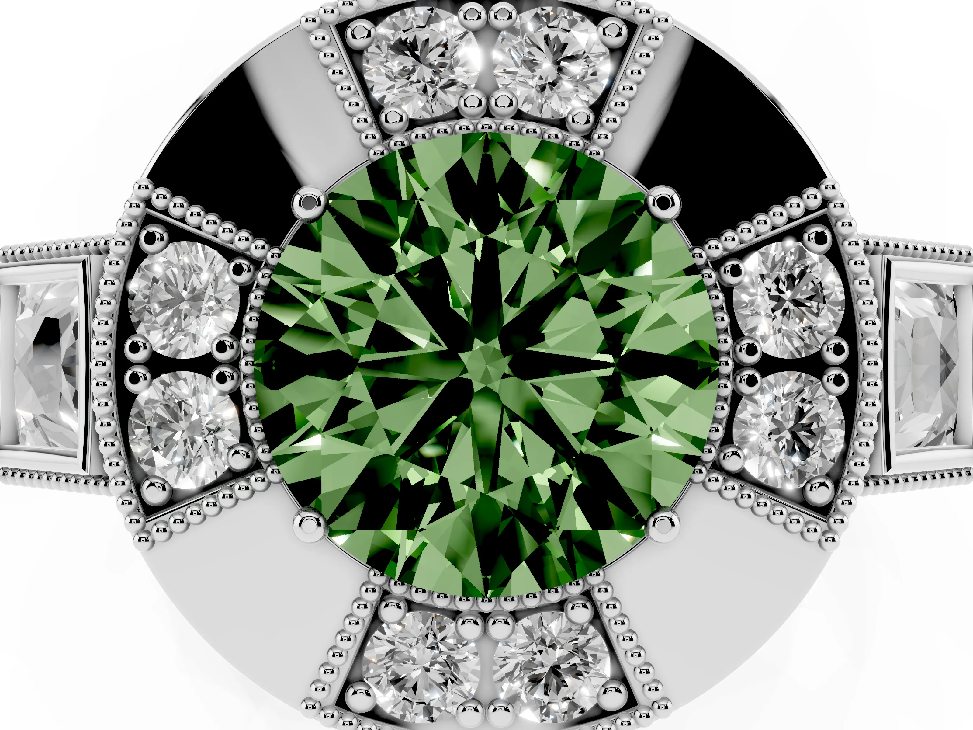 Fancy Green Round Cut Diamond Milgrain Halo Ring Set in Platinum with Split Shank