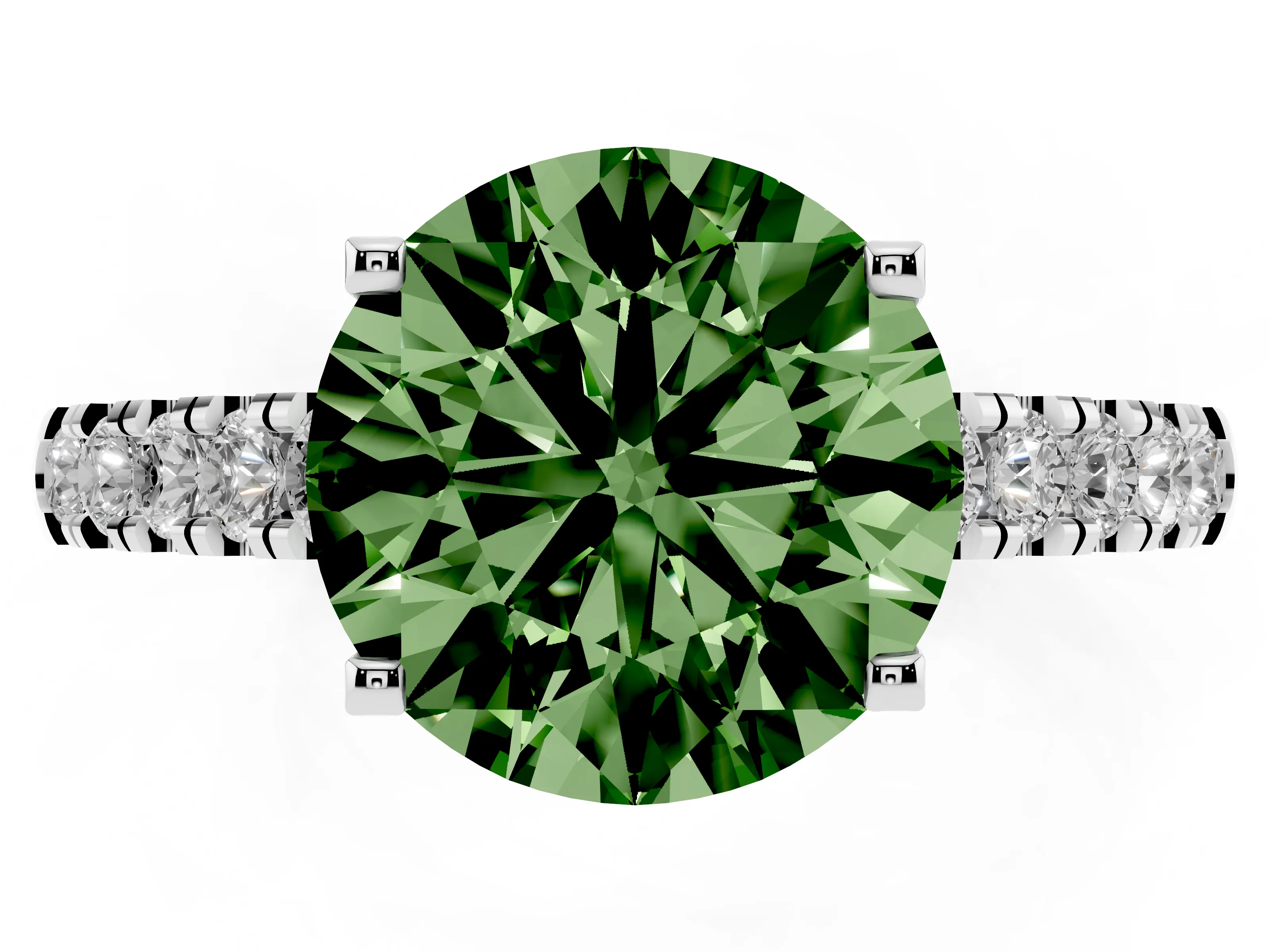 Fancy Green Round Cut Diamond Pavé Band Solitaire Ring Set in Platinum with Partway Accent Stones and Prong Setting