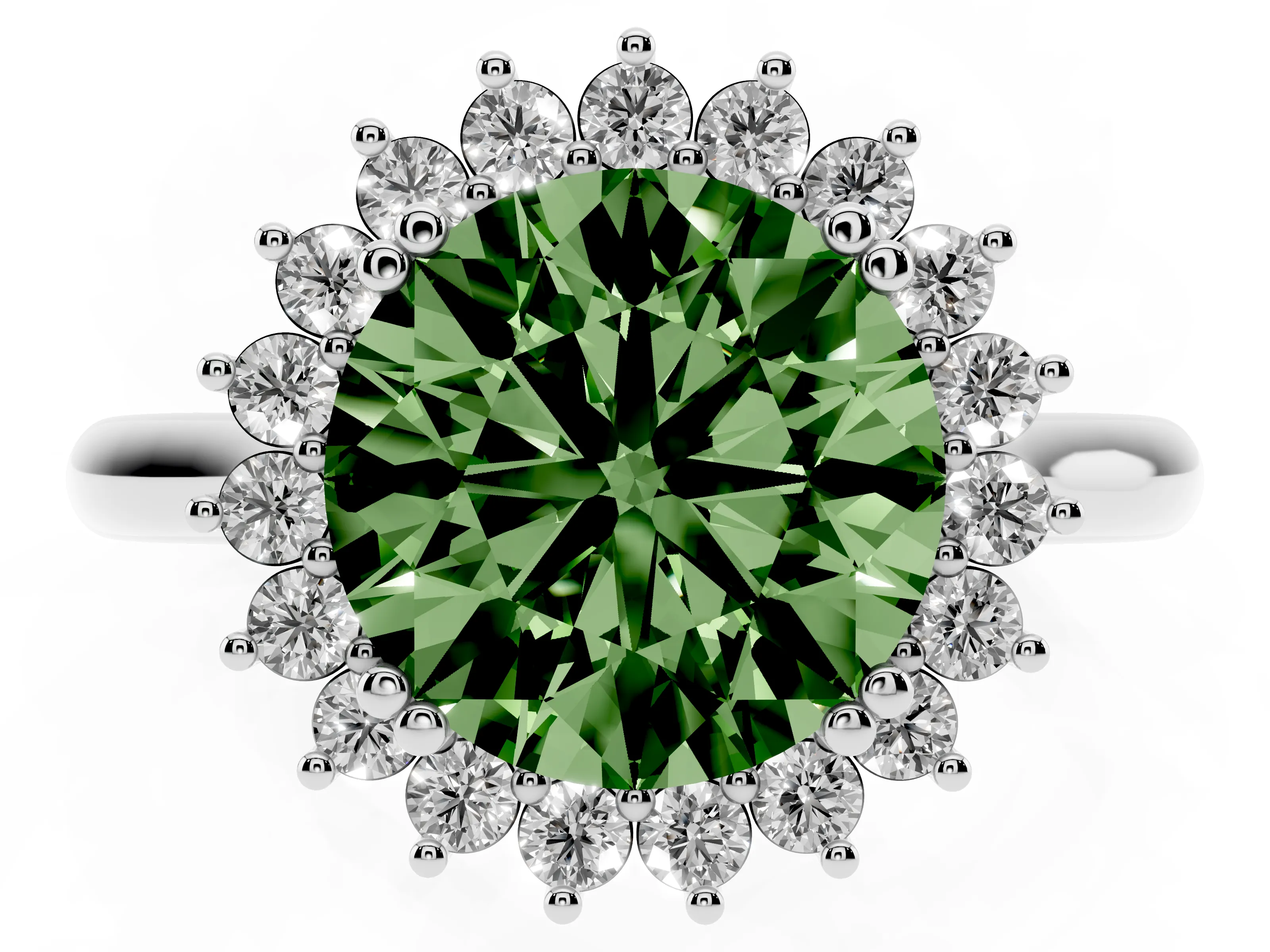 Fancy Green Round Cut Diamond Halo Ring Set in Platinum with Plain Solitaire Band and Prong Setting