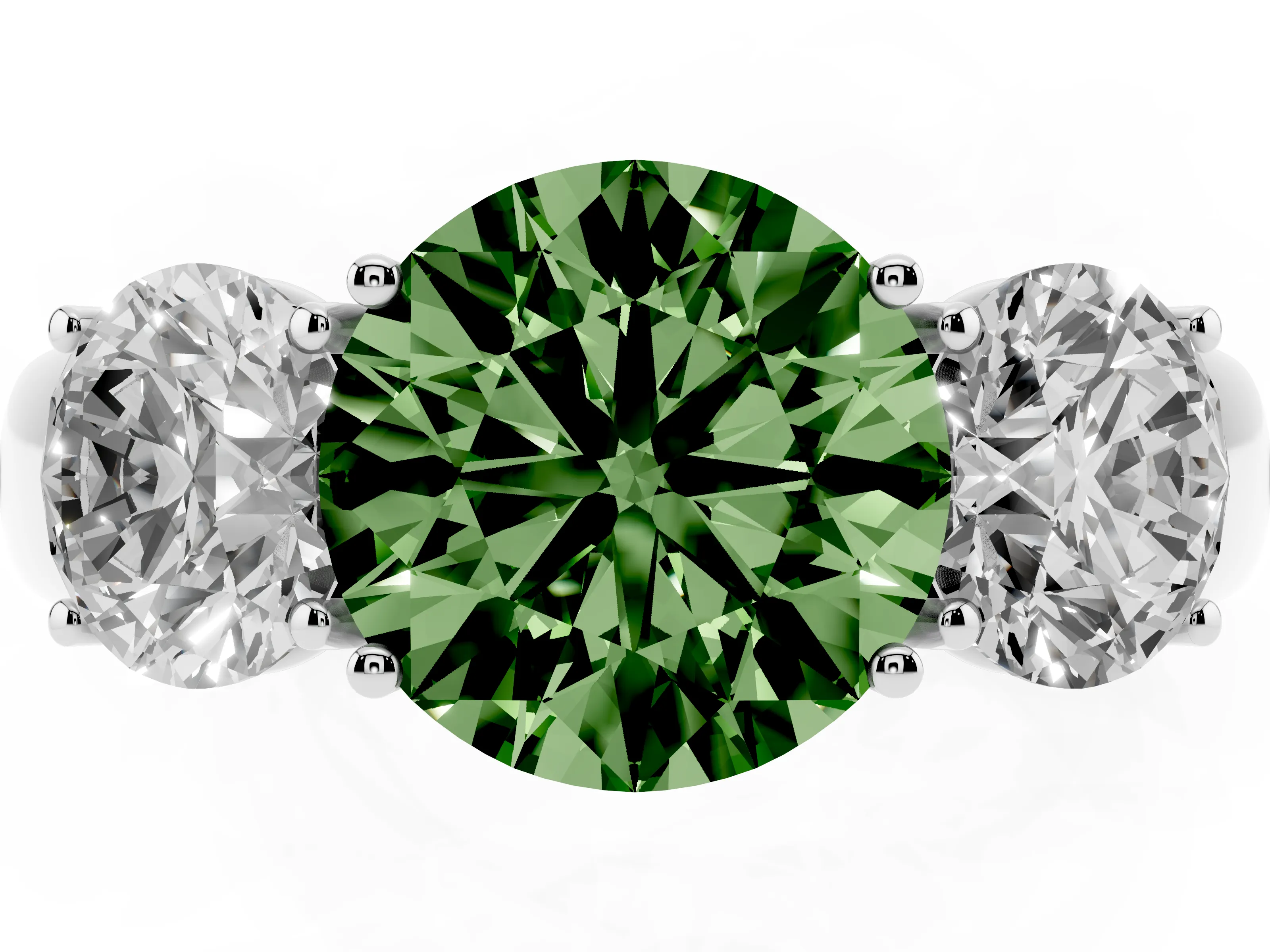 Fancy Green Three-Stone Round Cut Diamond Ring Set in Silver with Matching Prong Settings and Plain Band