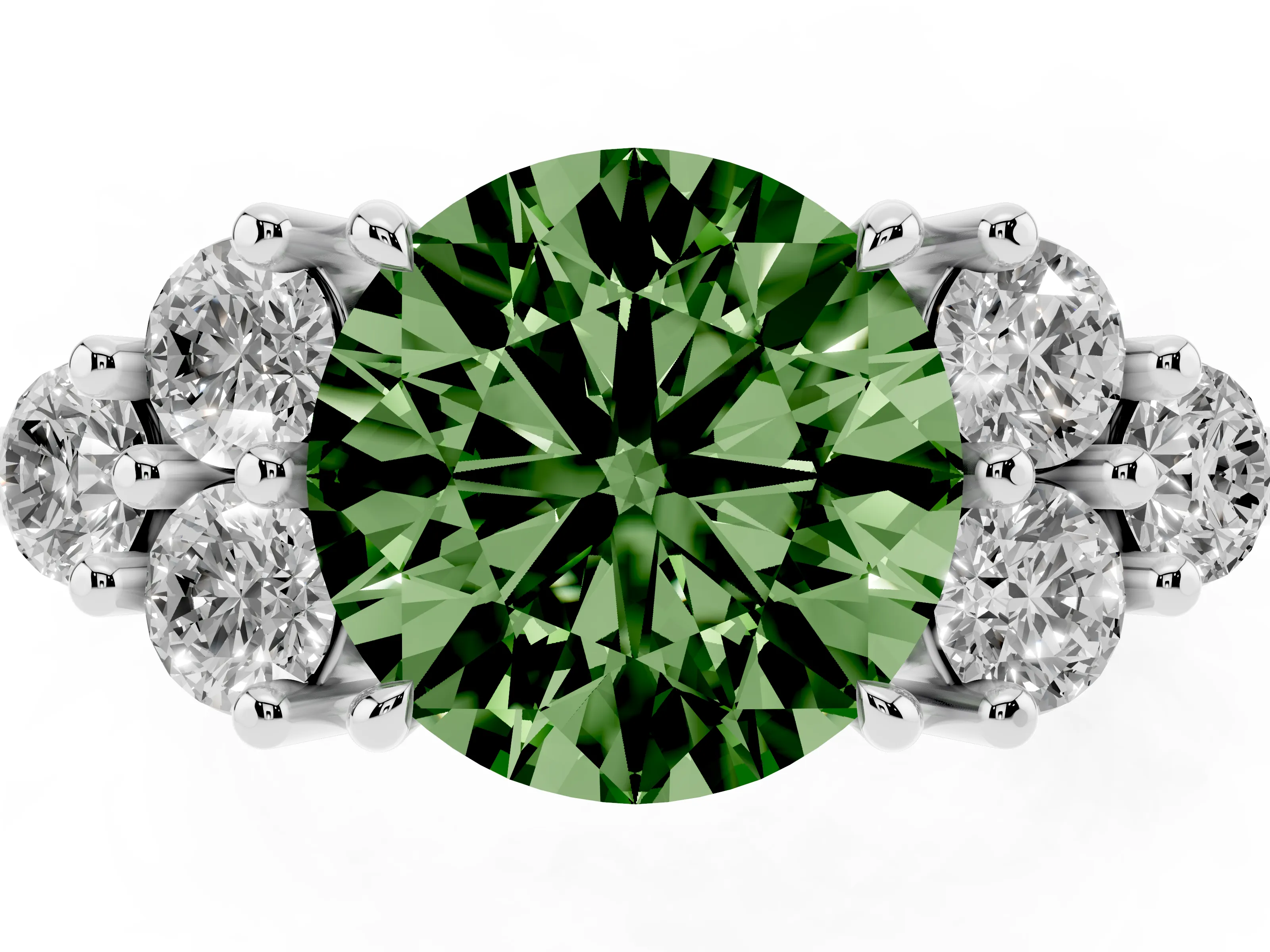 Fancy Green Round Cut Diamond Solitaire Ring Set in Silver with Cluster Accents on Each Side