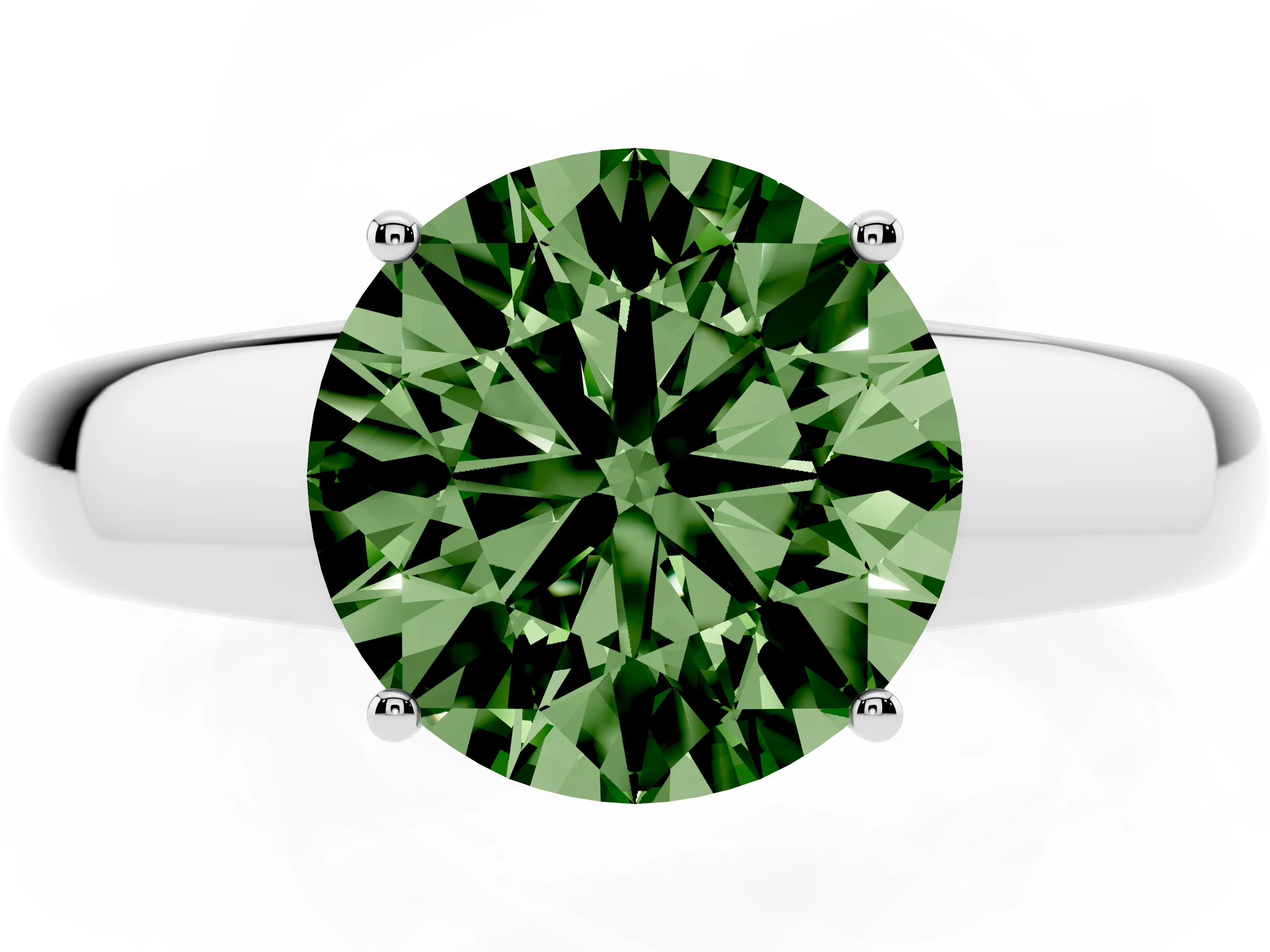 Fancy Green Round Cut Diamond Solitaire Ring Set in Silver with Tapered Band and Prong Setting