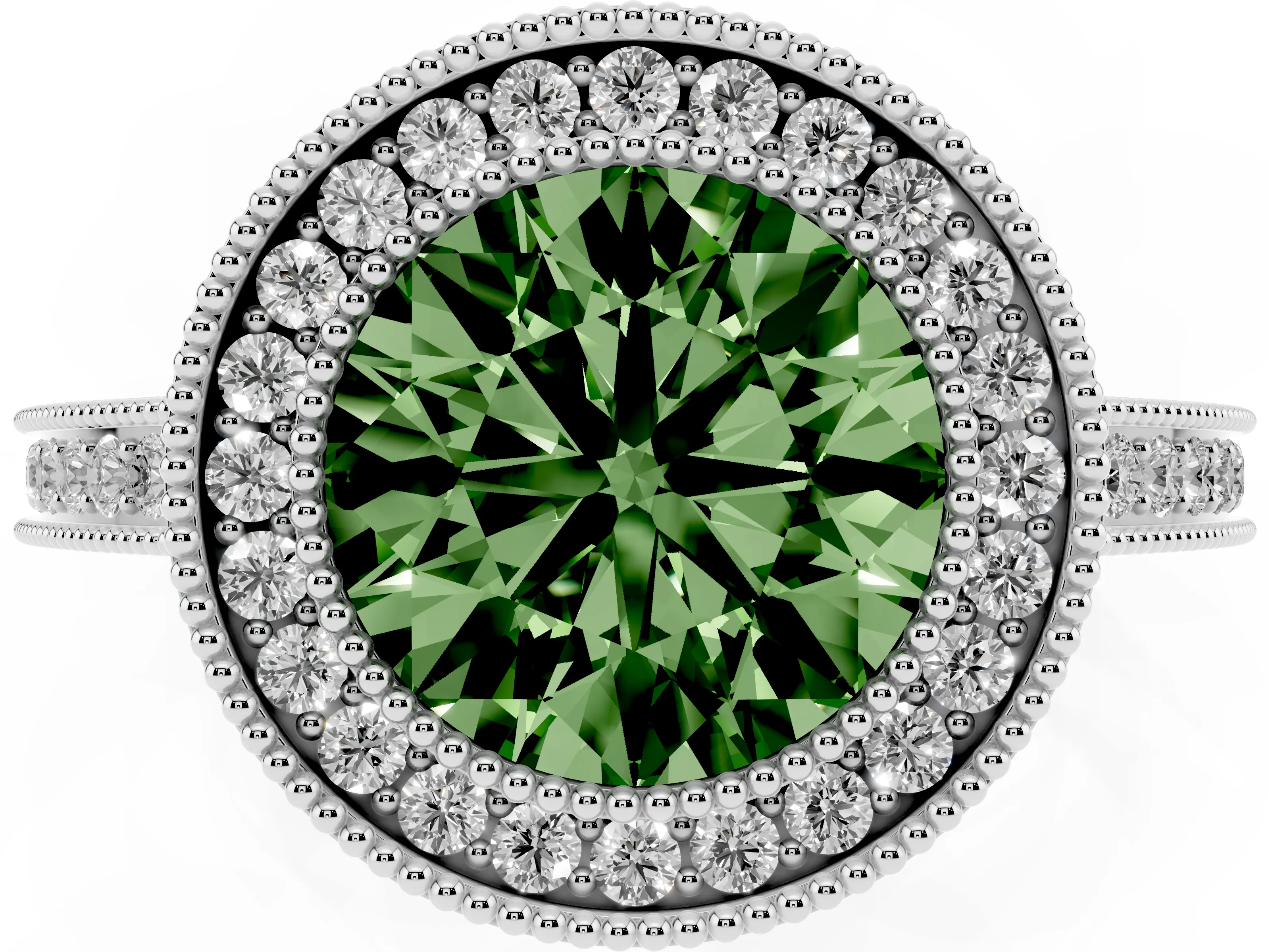 Fancy Green Round Cut Diamond Halo Ring Set in White gold with Pavé Band and Milgrain-Edged Prongs