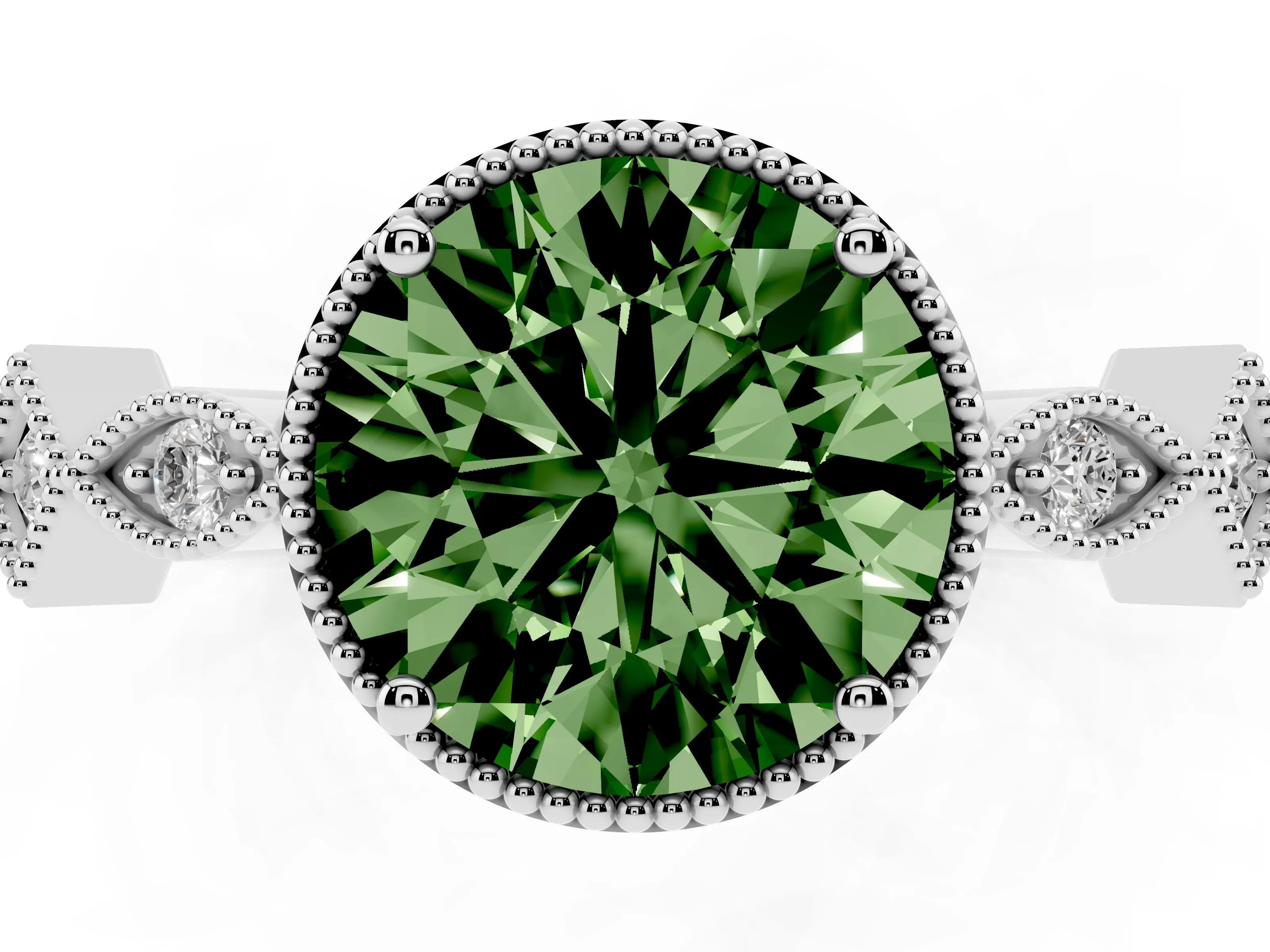 Fancy Green Round Cut Diamond Milgrain Marquise Twist Band Ring Set in Silver with Prong Setting