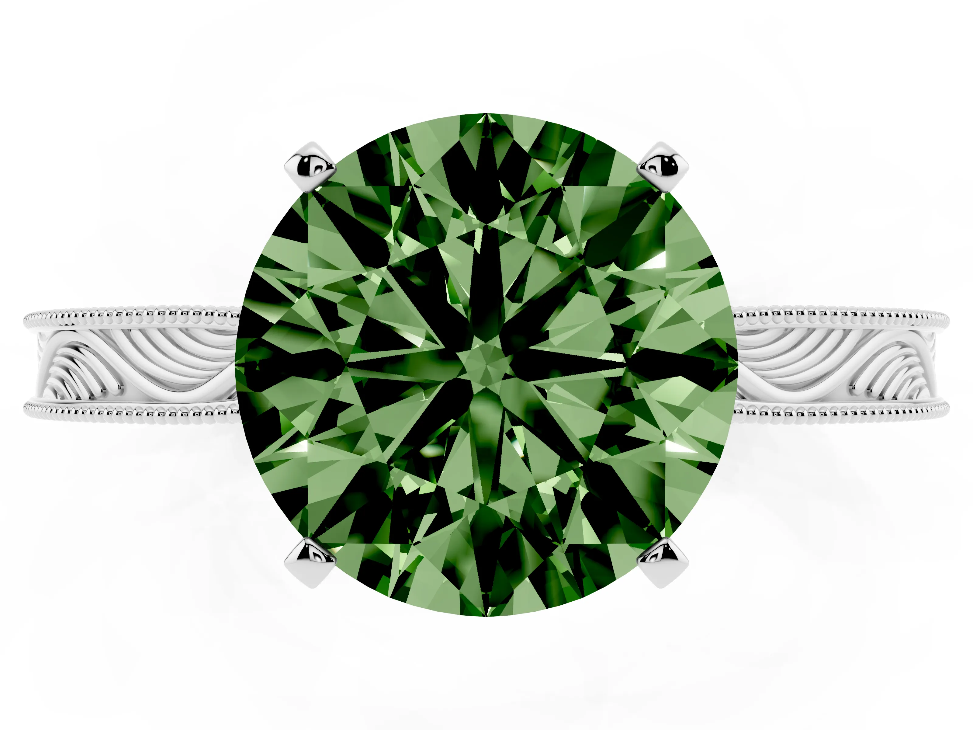 Fancy Green Round Cut Diamond Solitaire Milgrain Engraved Band Set in Platinum with Prong Setting