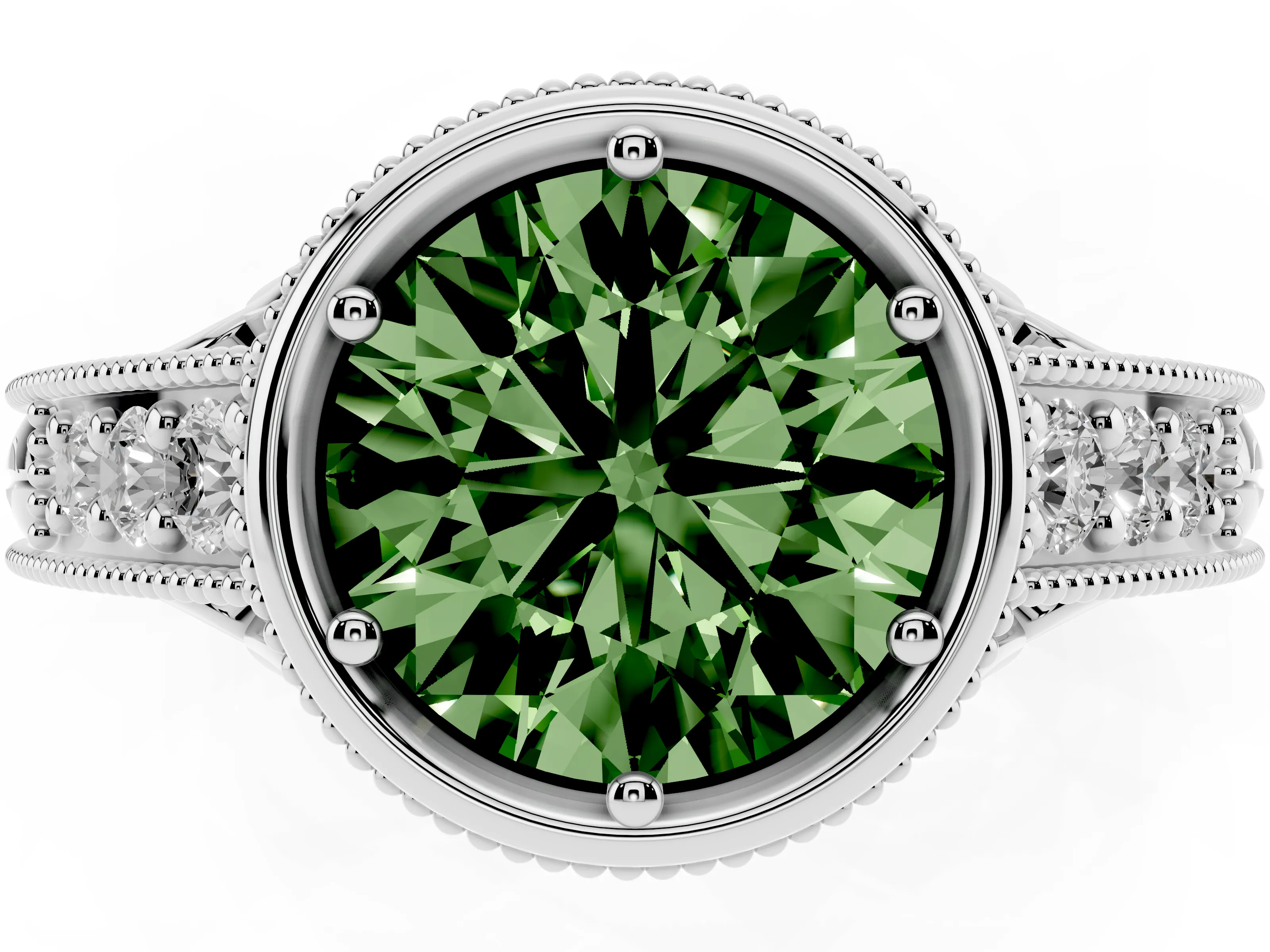 Fancy Green Bezel Set Round Cut Diamond Milgrain Pavé Engagement Ring Set in Silver