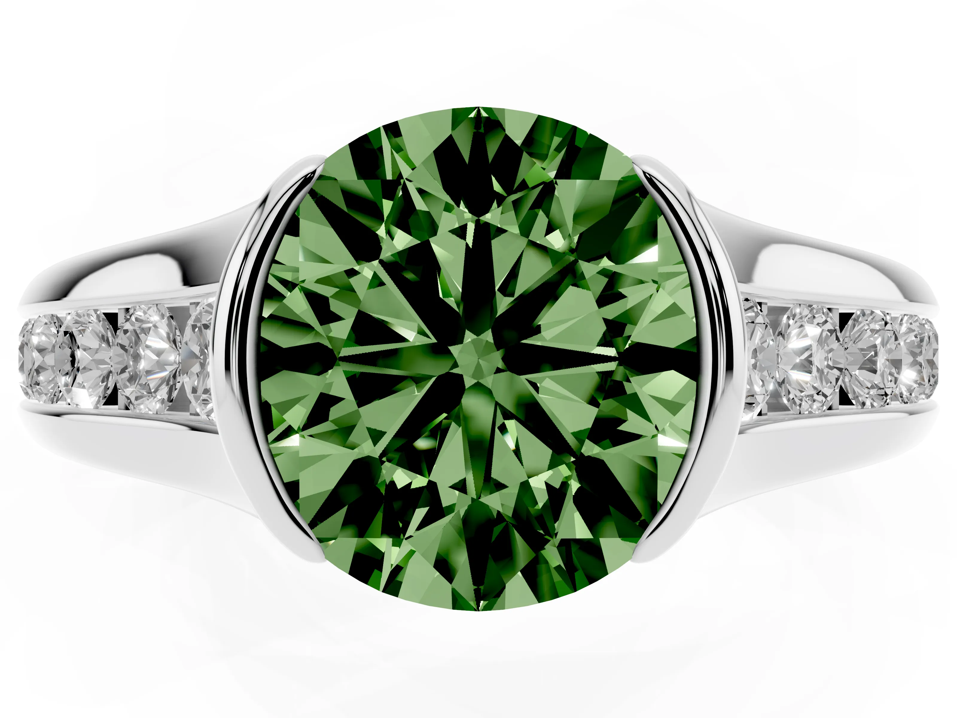 Fancy Green Round Cut Diamond Bezel-Set Solitaire Ring Set in White gold with Channel-Set Band