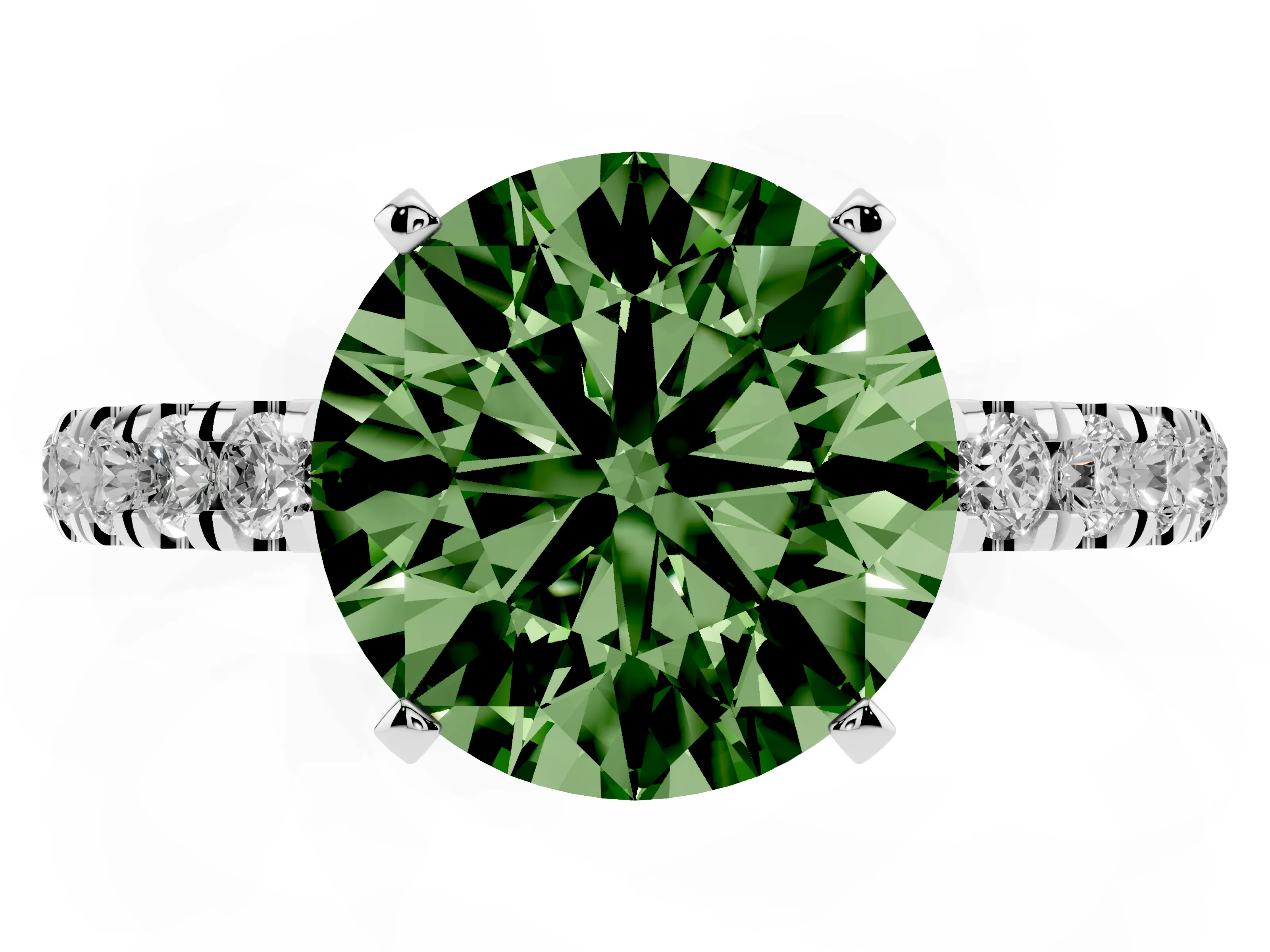 Fancy Green Round Cut Diamond Solitaire Ring Set in Silver with Pavé Accents and Prong Setting