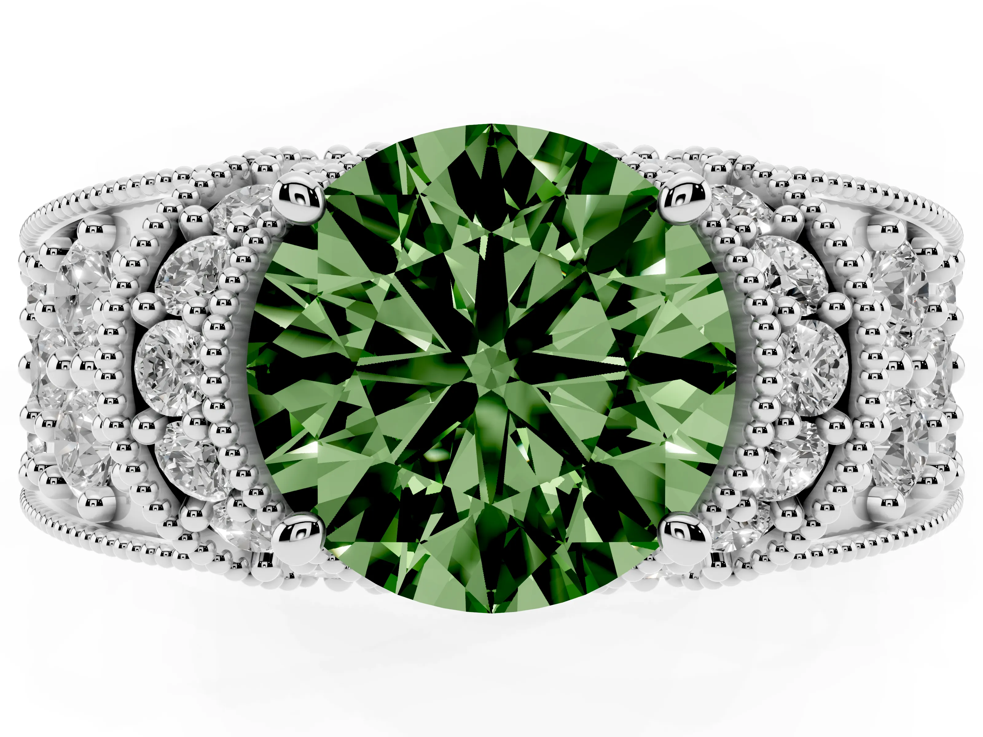 Fancy Green Round Cut Diamond Milgrain Halo Pavé Engagement Ring Set in Silver with Prong Setting