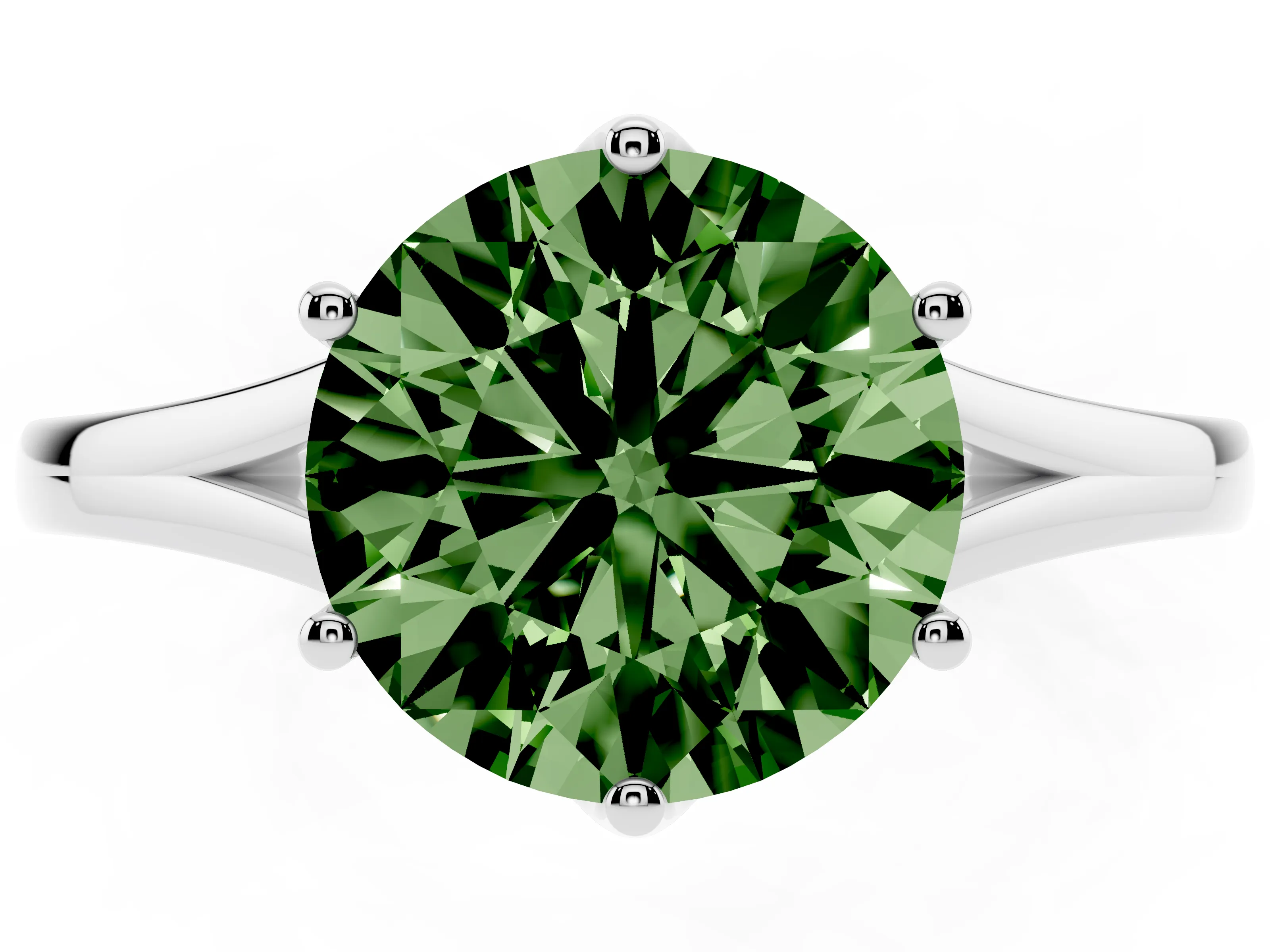 Fancy Green Round Cut Diamond Solitaire Ring Set in Silver with Polished Tapered Band and Prong Setting