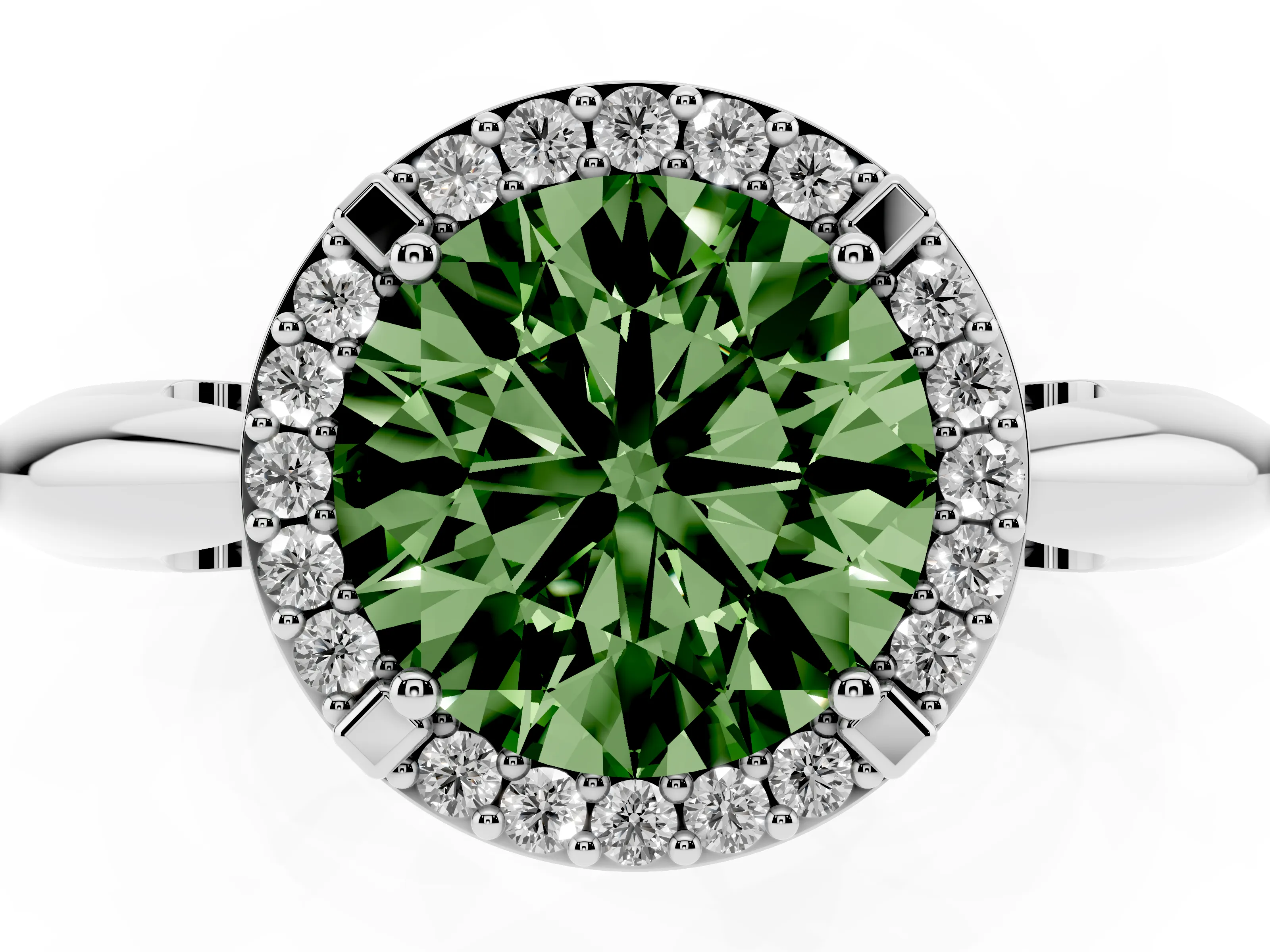 Fancy Green Round Cut Diamond Halo Engagement Ring Set in Silver with Plain Split Shank and Prong Setting