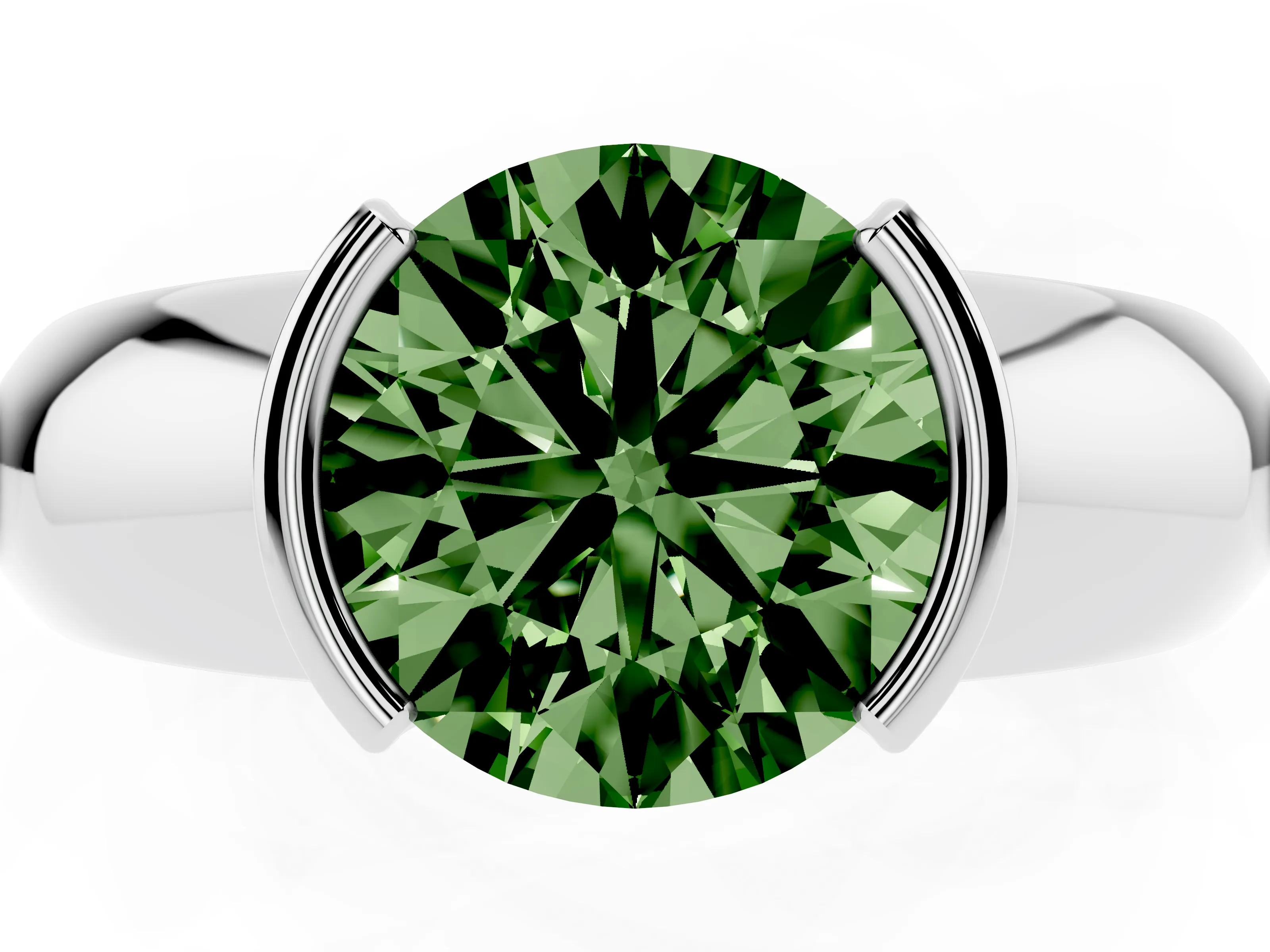 Fancy Green Round Cut Diamond Solitaire Tension Set Ring Set in White gold with Wide Band