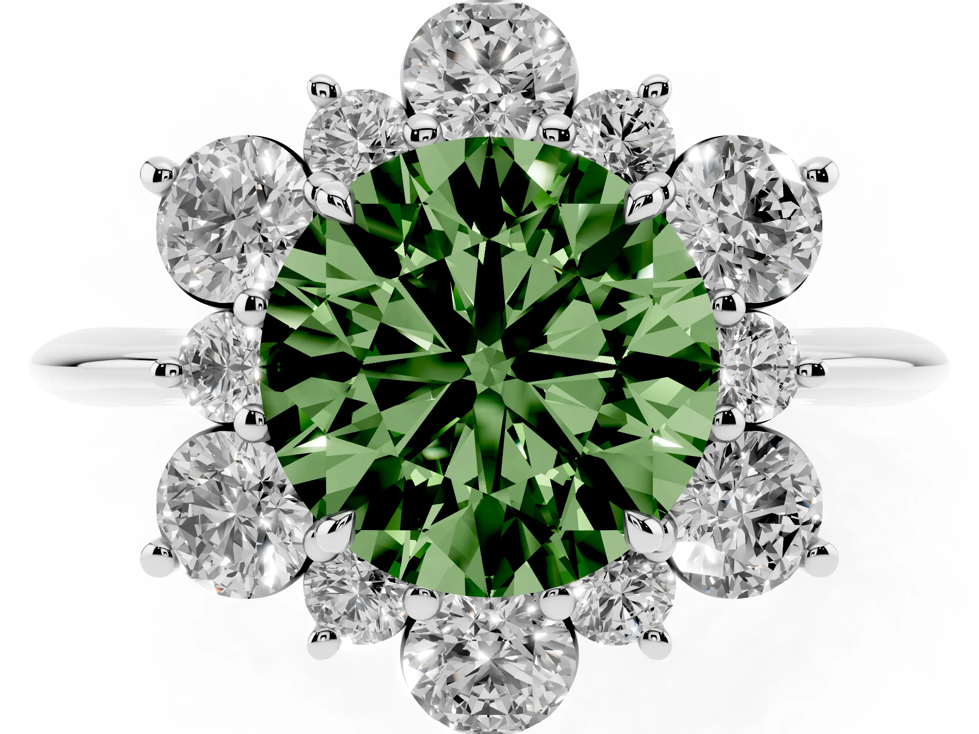 Fancy Green Round Cut Diamond Cluster Halo Ring Set in Silver with Solitaire Band and Prong Setting