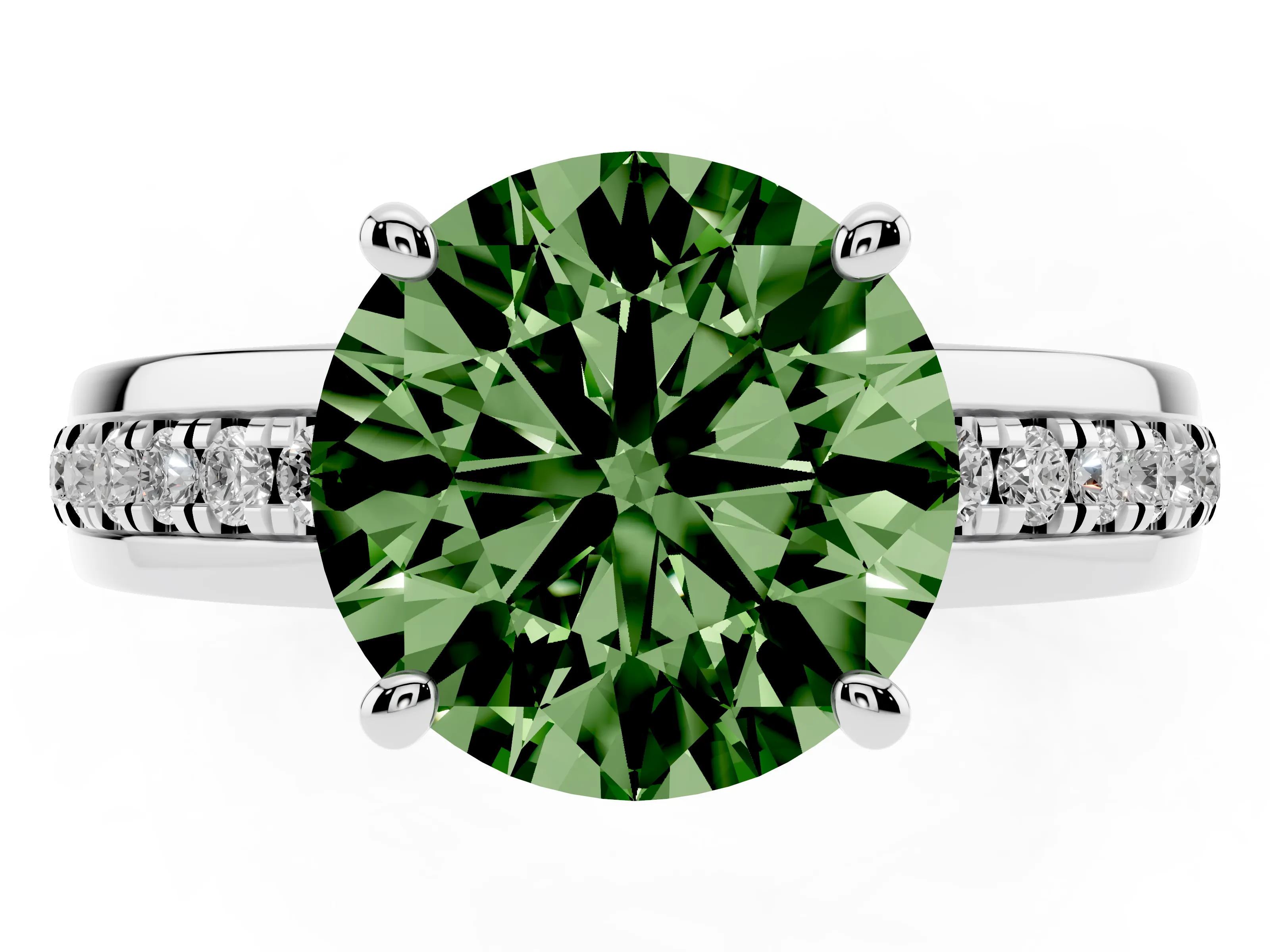 Fancy Green Round Cut Diamond Solitaire Ring Set in Silver with Channel Set Band and Prong Setting