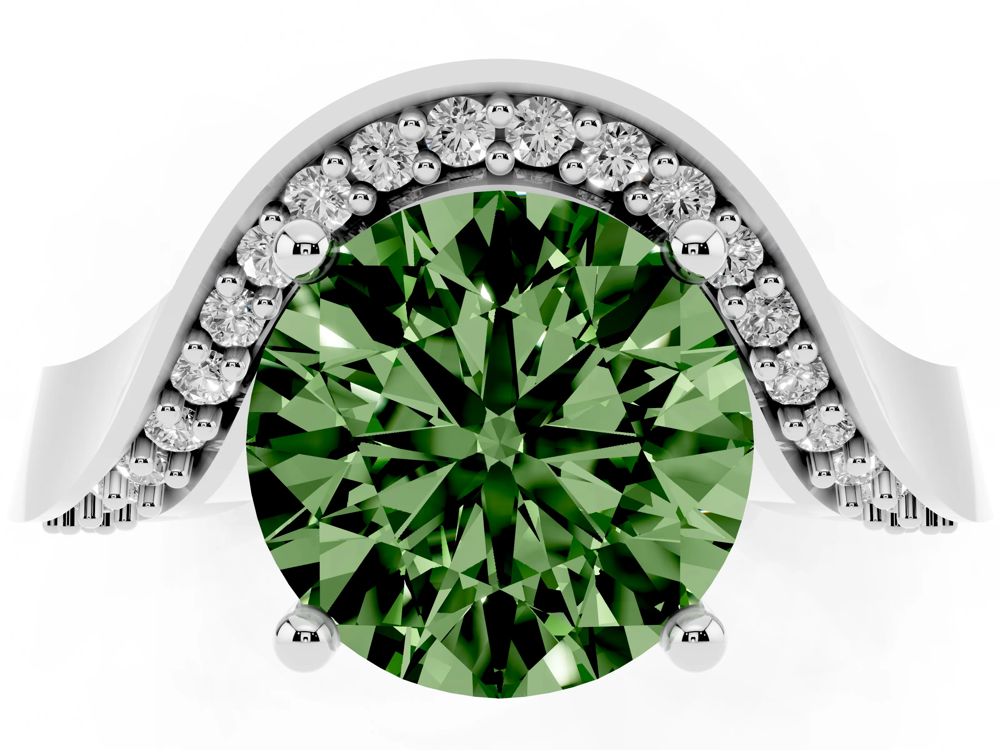 Fancy Green Round Cut Diamond Solitaire Engagement Ring Set in Platinum with Pavé Shoulders