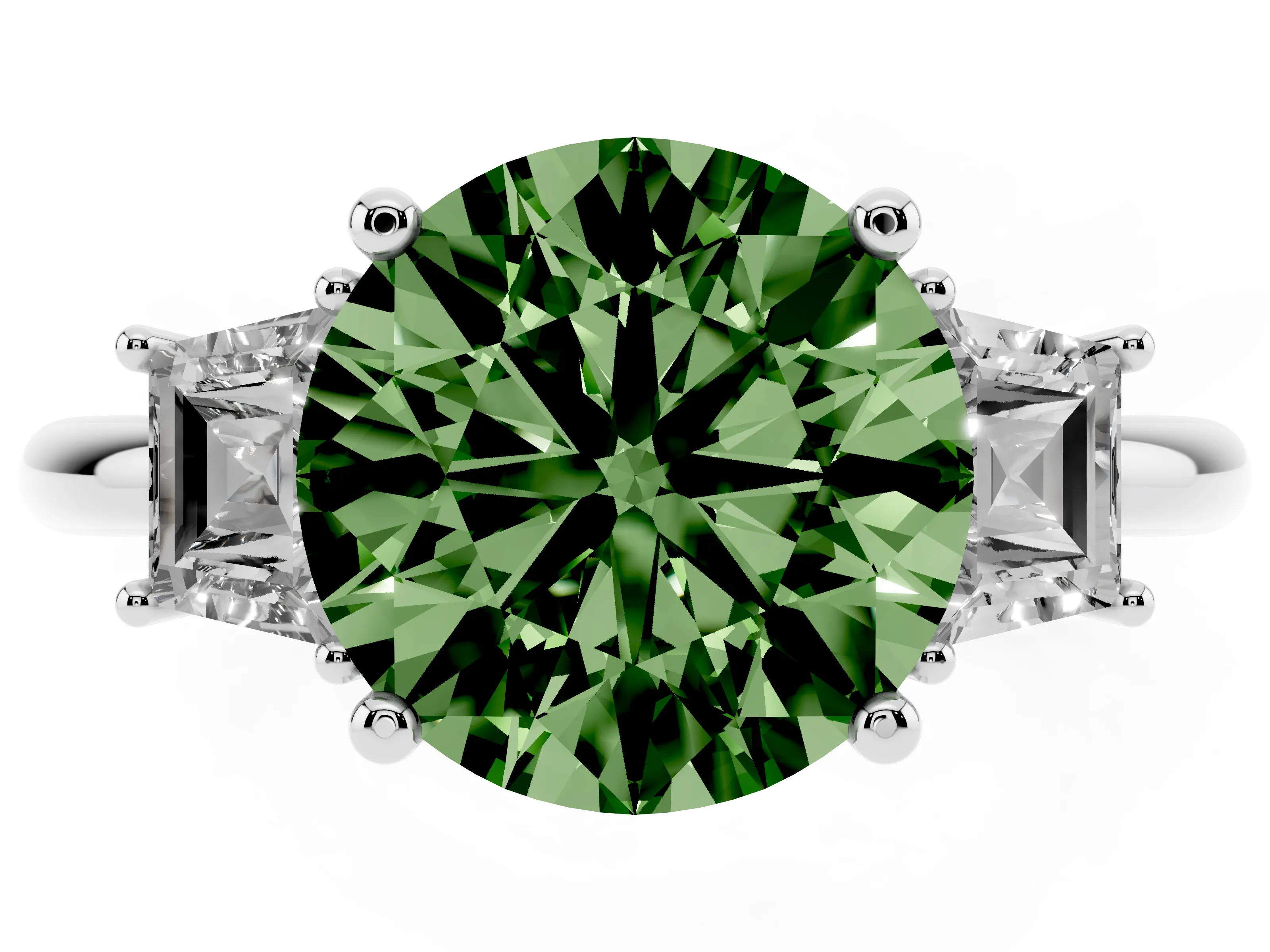 Fancy Green Round Cut Diamond Three-Stone Ring Set in White gold with Trapezoid Side Stones and Prong Setting