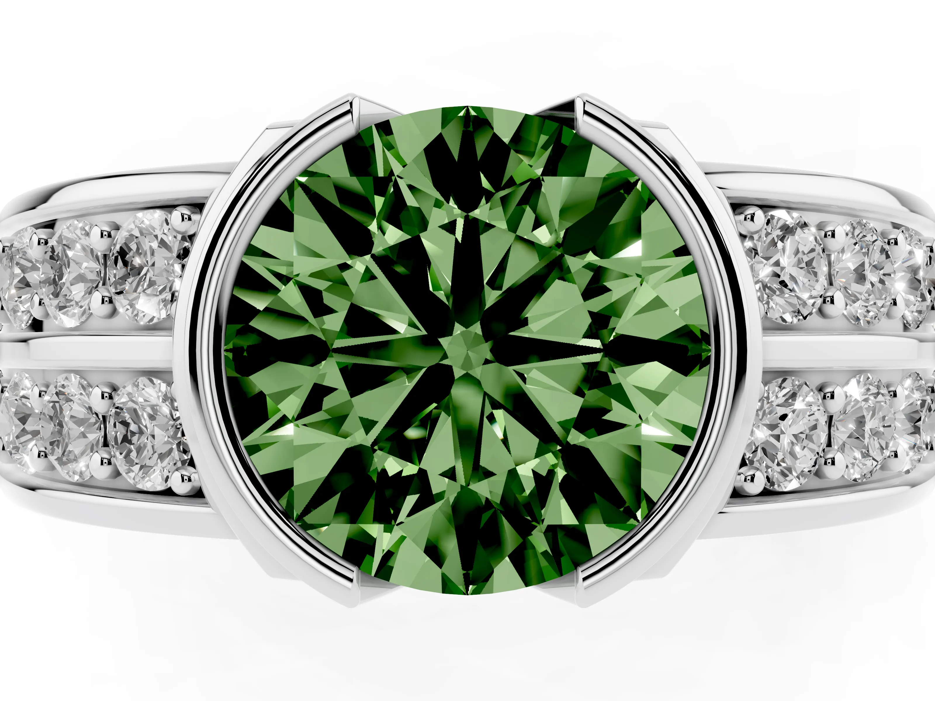 Fancy Green Round Cut Diamond Wide Channel Set Band Ring Set in Platinum with Bezel Setting