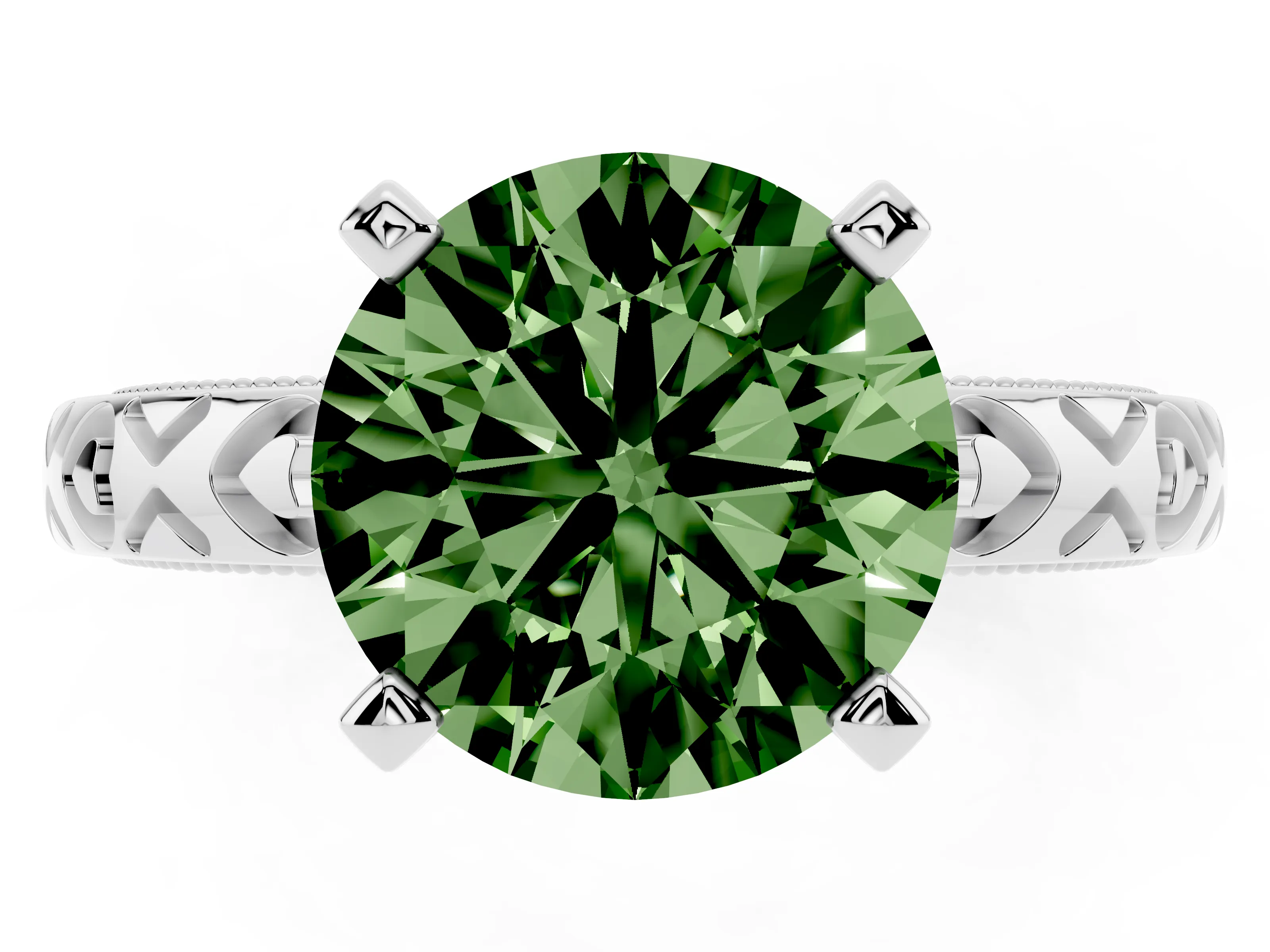 Fancy Green Round Cut Diamond Solitaire Engagement Ring Set in White gold with XO Engraved Band and Prong Setting