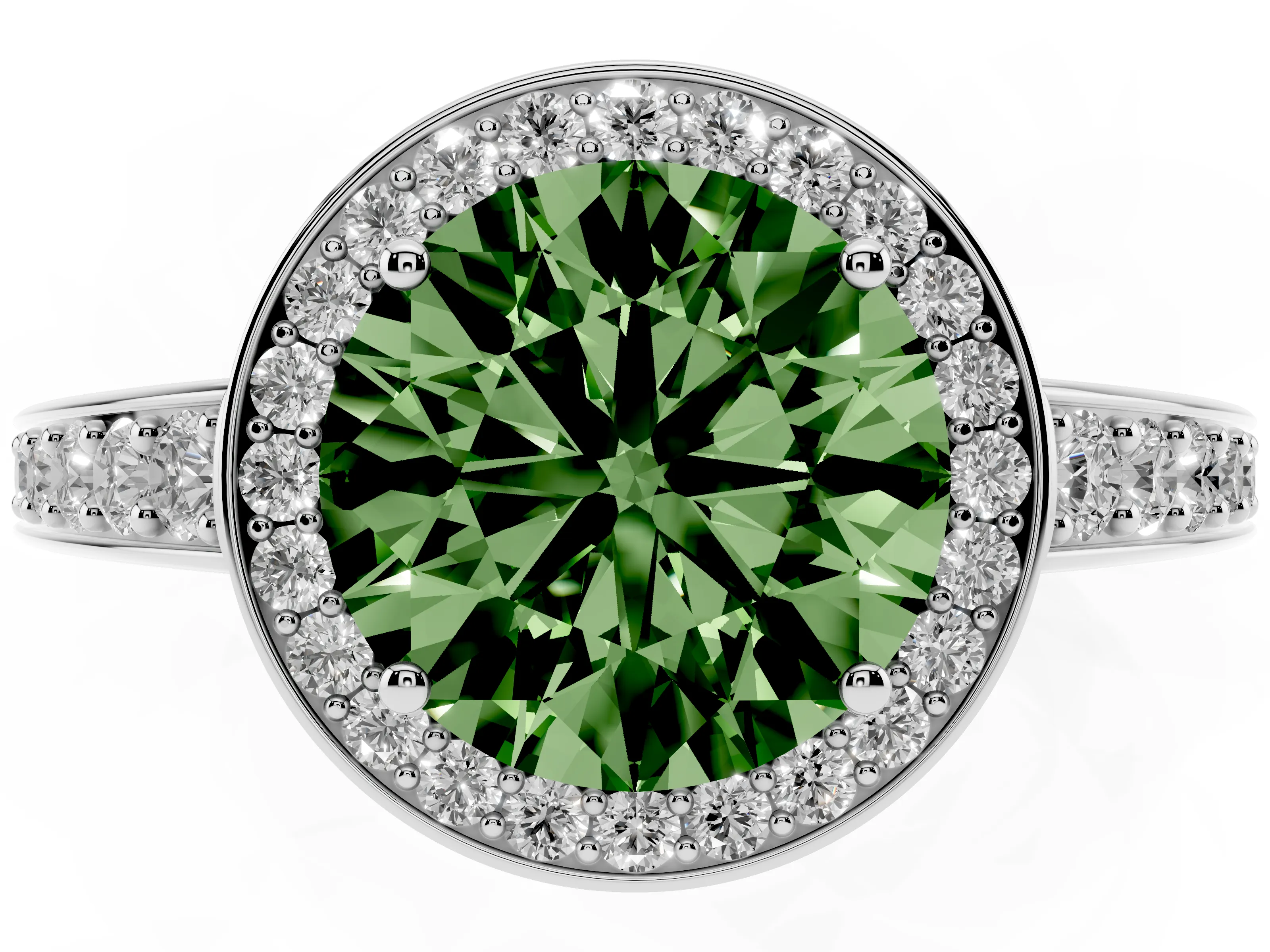 Fancy Green Round Cut Diamond Halo Pavé Engagement Ring Set in Silver with Bezel Setting