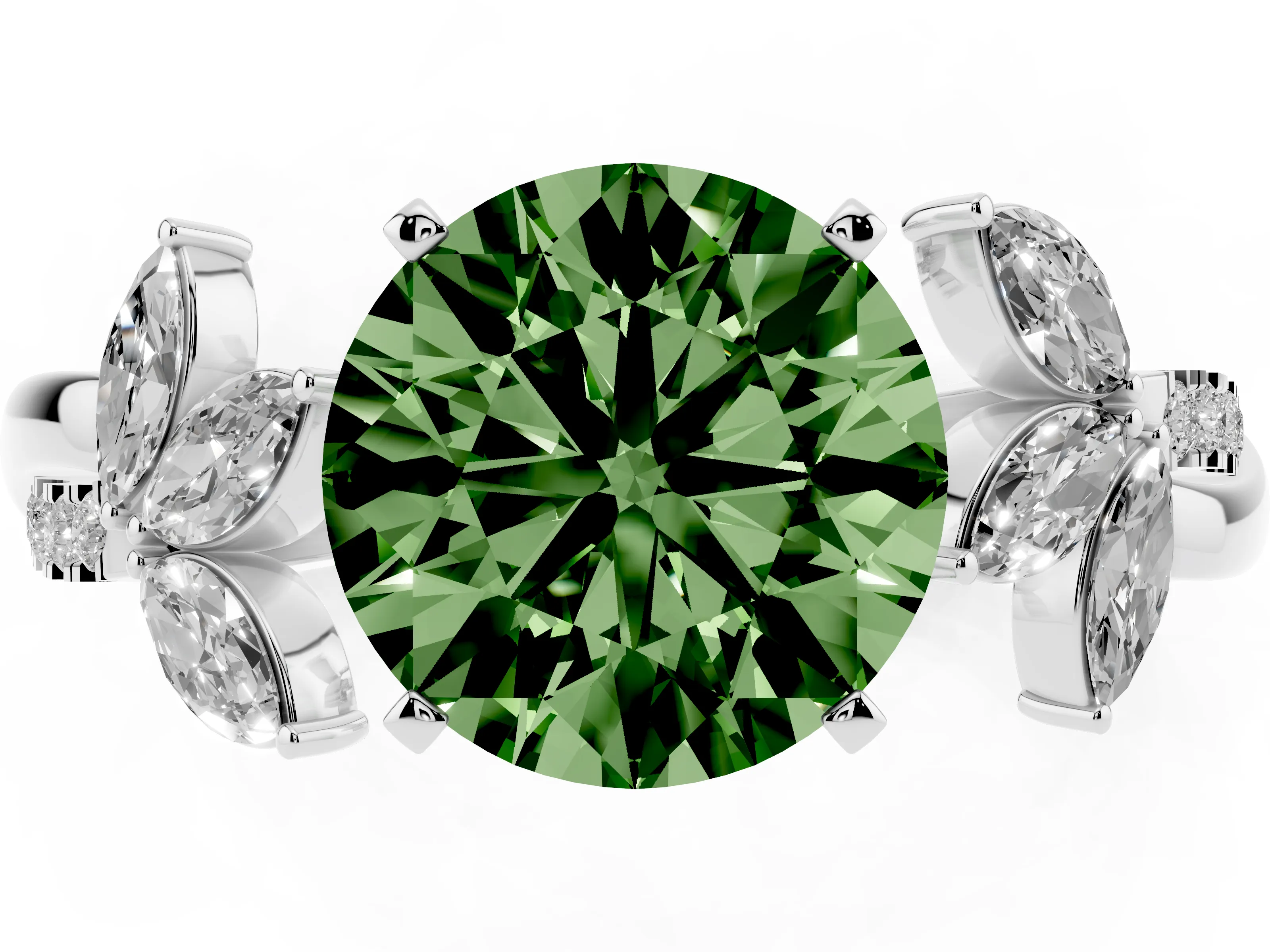 Fancy Green Round Cut Diamond Floral Vine Solitaire Engagement Ring Set in Platinum with Marquise Leaves