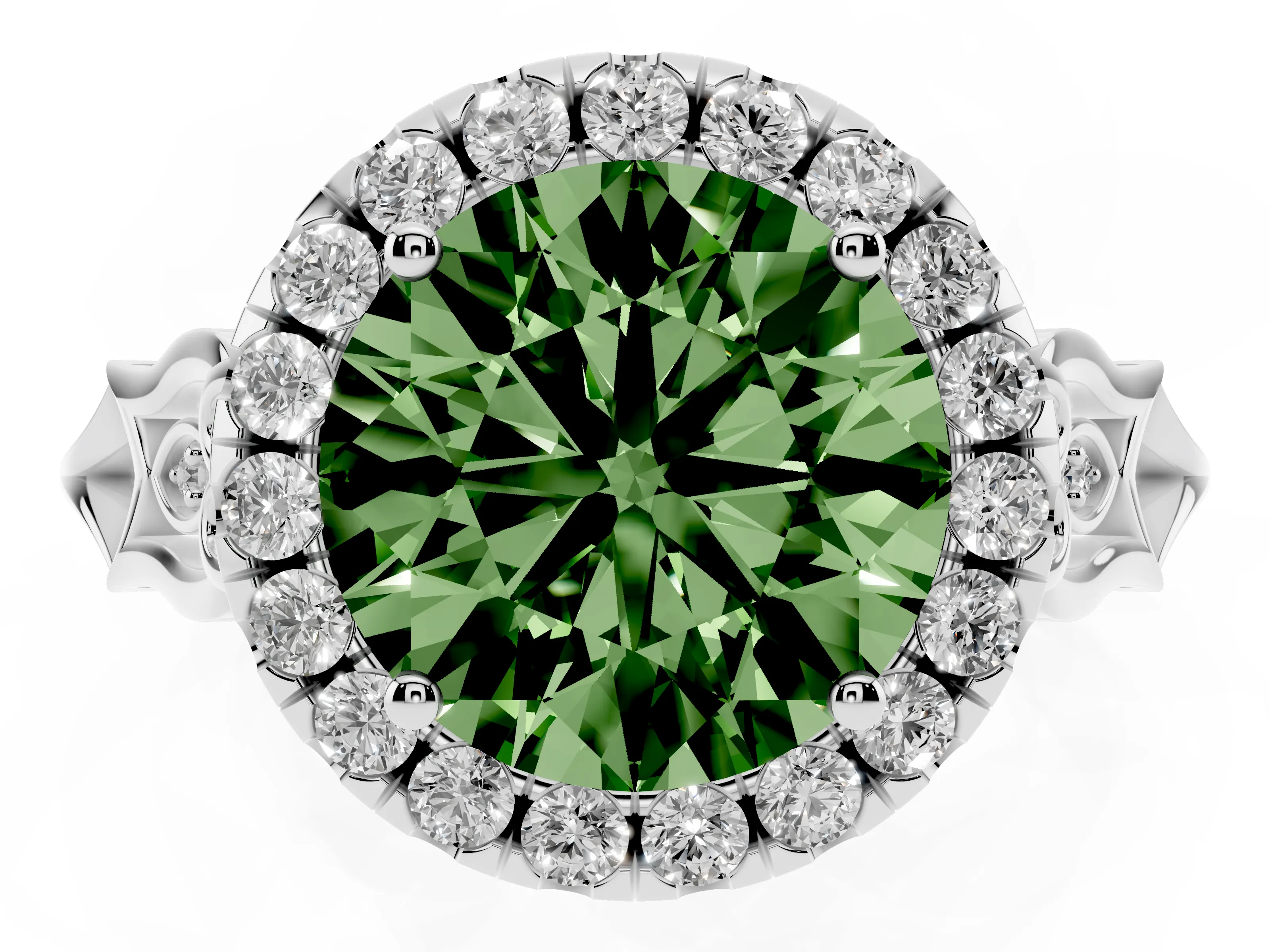 Fancy Green Round Cut Diamond Halo Engagement Ring Set in Silver with Filigree Band and Prong-Set Center