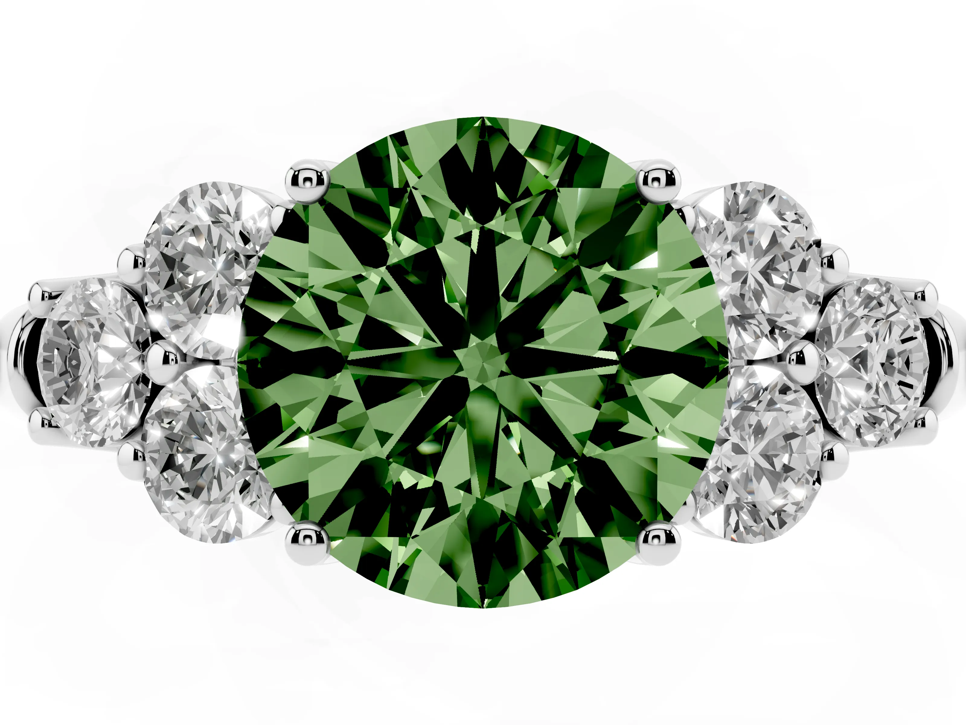 Fancy Green Round Cut Diamond Cluster Ring Set in Platinum with Round Accent Stones and Prong Setting on a Plain Band