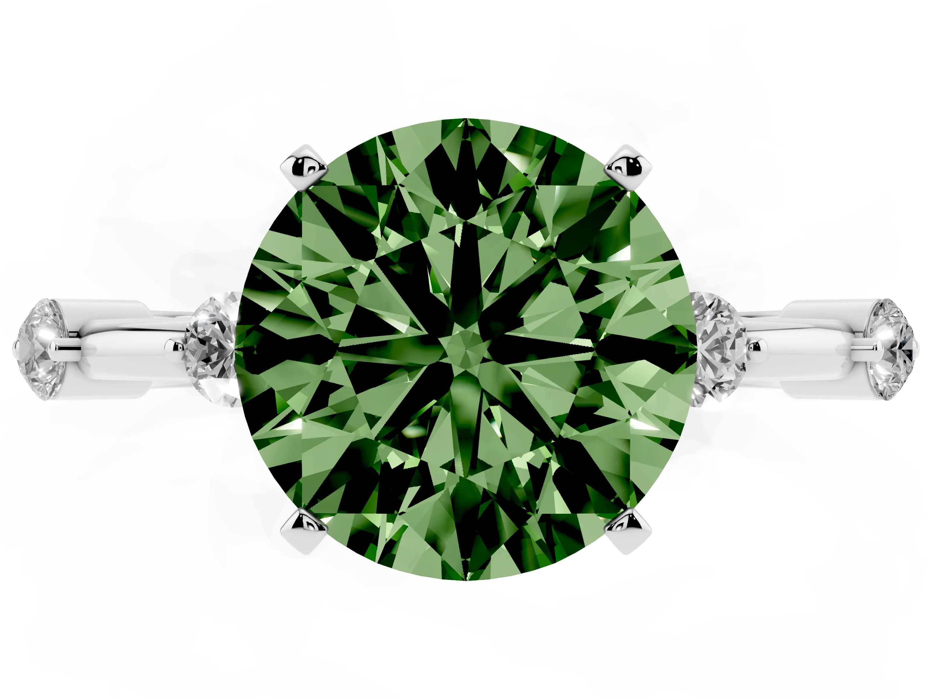 Fancy Green Round Cut Diamond Solitaire Ring Set in Silver with Bezel Set Side Stones and Prong Setting