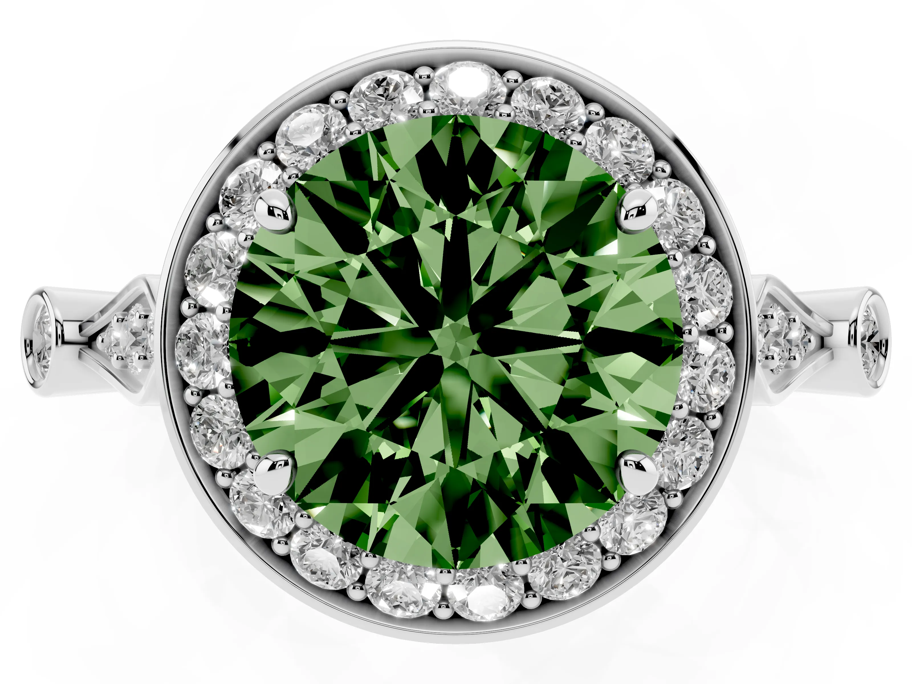 Fancy Green Round Cut Diamond Halo Engagement Ring Set in Platinum with Twisted Band and Prong Setting