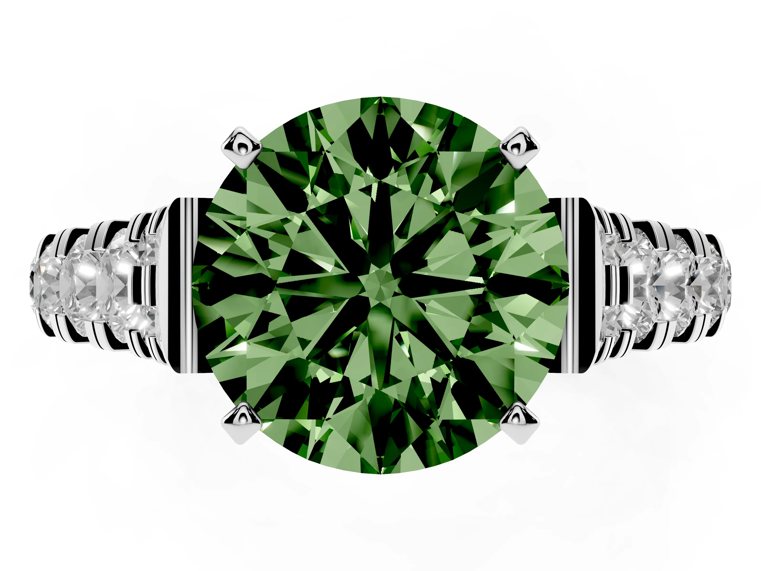 Fancy Green Round Cut Diamond Classic Solitaire Ring Set in Platinum with Pavé Band and Prong Setting