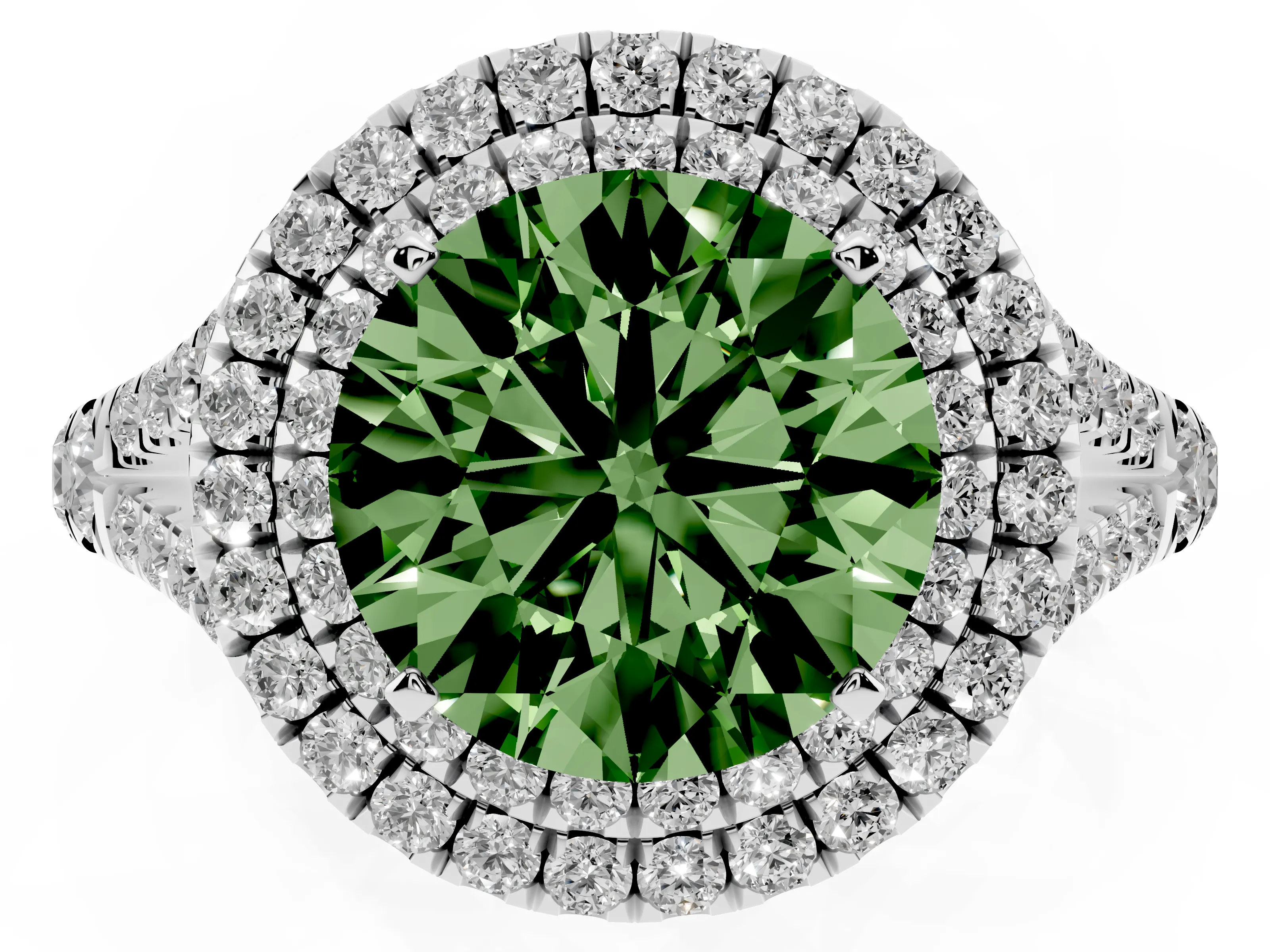 Fancy Green Round Cut Diamond Pavé Split Shank Double Halo Engagement Ring Set in Platinum