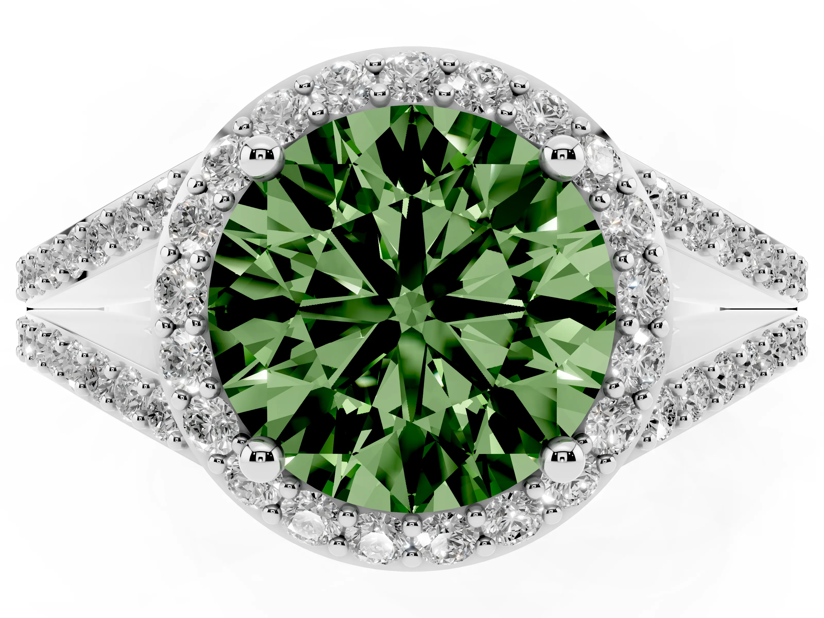 Fancy Green Round Cut Diamond Halo Split Shank Pavé Ring Set in Platinum with Prong Setting