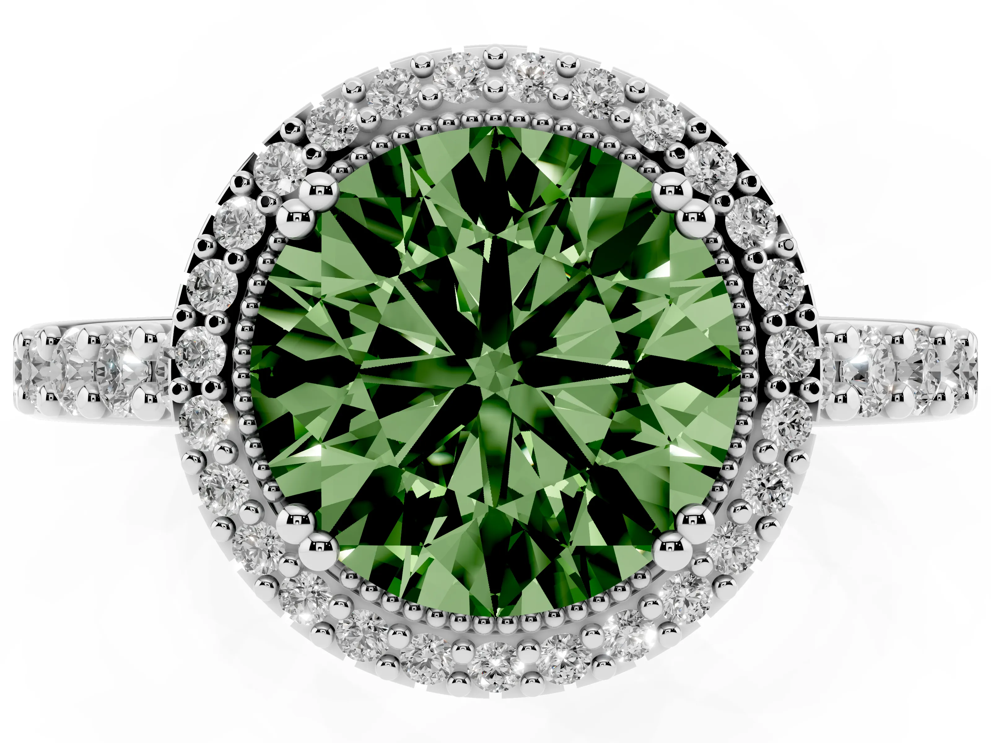 Fancy Green Round Cut Diamond Halo Engagement Ring Set in White gold with Milgrain Detail and Pavé Band