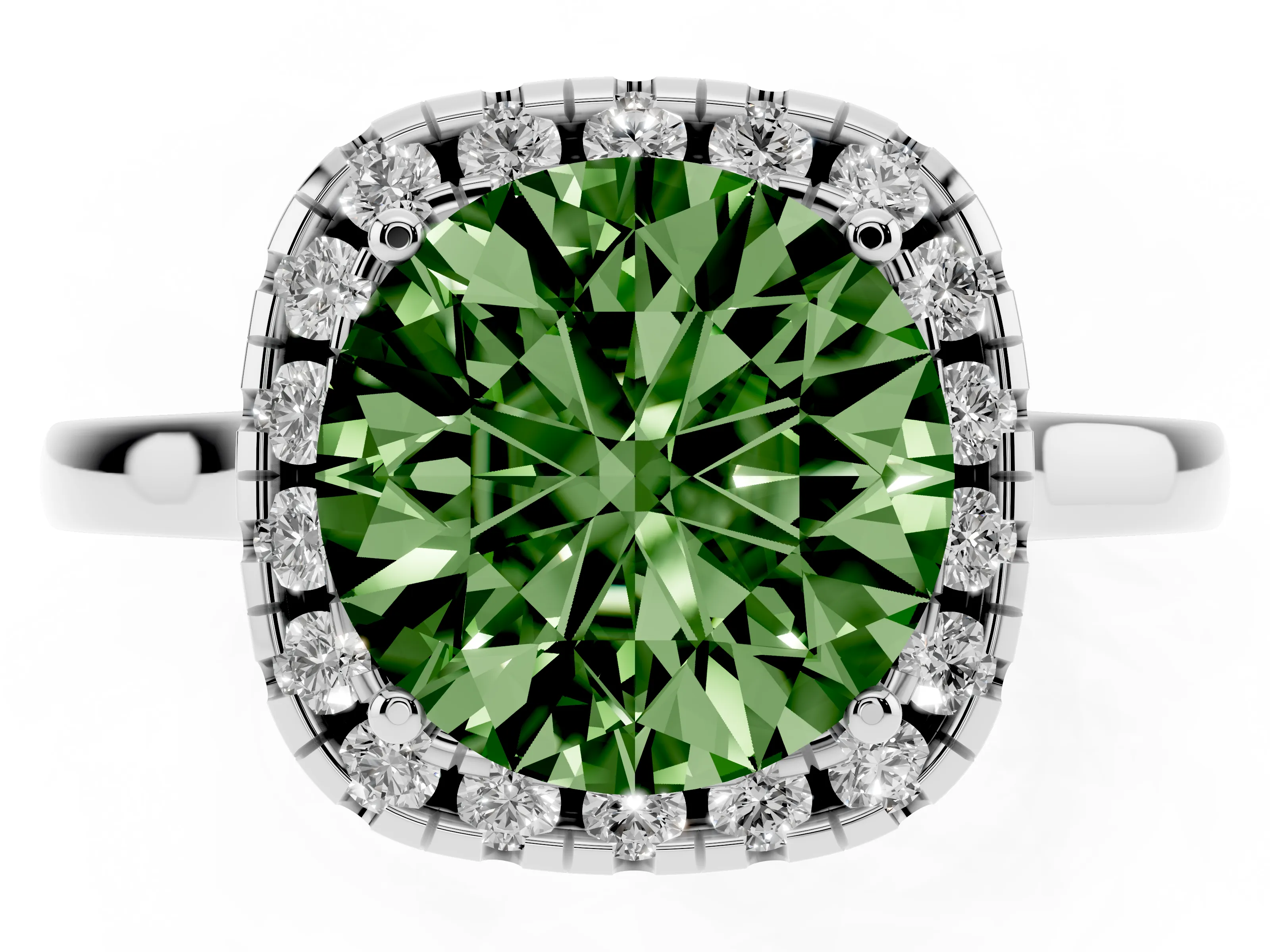Fancy Green Round Cut Halo Round Diamond Solitaire Ring Set in Silver with Pavé Band and Prong Setting