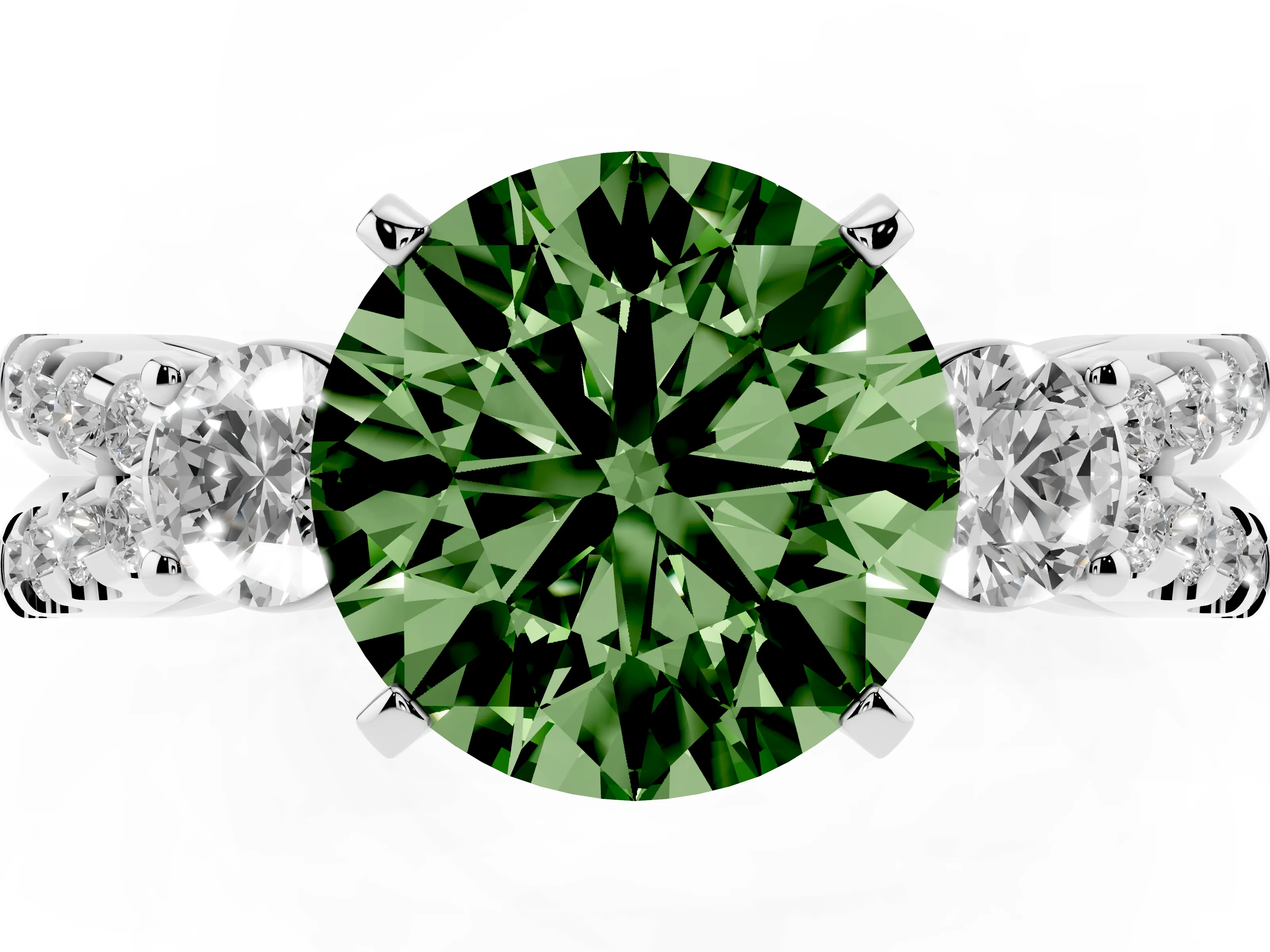 Fancy Green Round Cut Diamond Three-Stone Ring Set in Platinum with Pavé Split Shank and Prong Setting