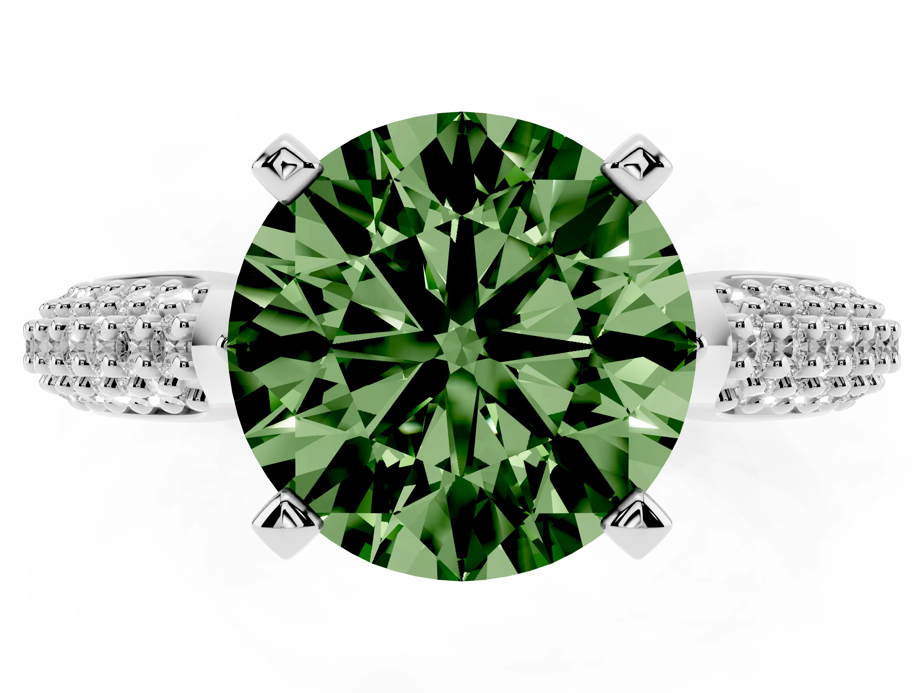 Fancy Green Round Cut Diamond Solitaire Engagement Ring Set in Platinum with Multi-Row Round Pavé Band and Prong Setting