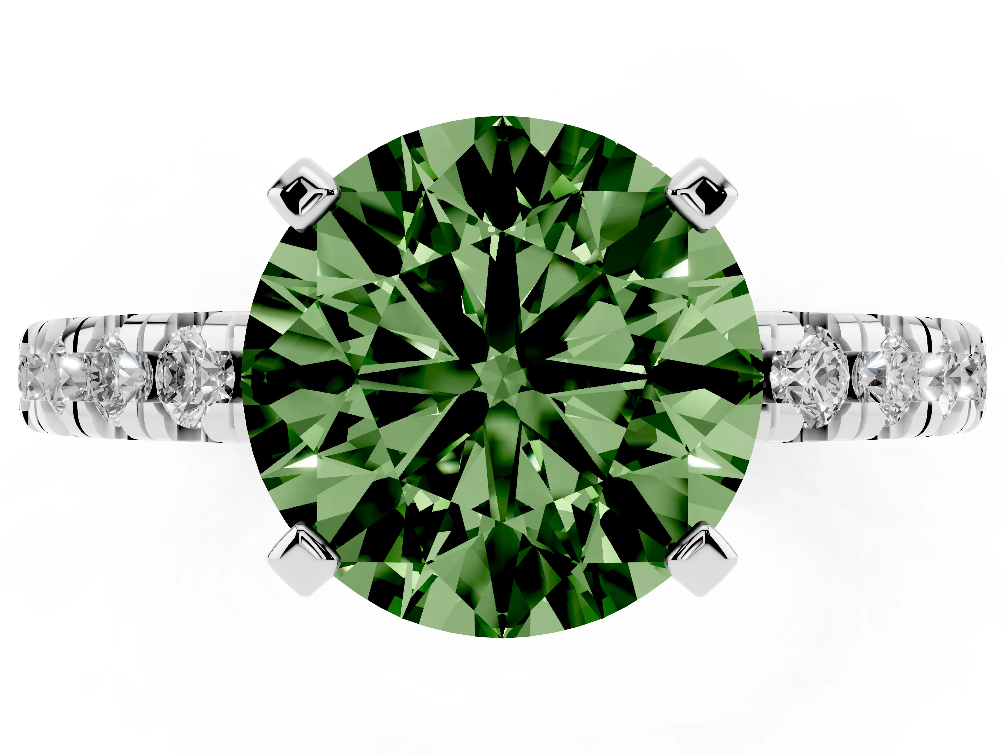Fancy Green Round Cut Diamond Solitaire Pavé Engagement Ring Set in Silver with Round Band and Prong Setting