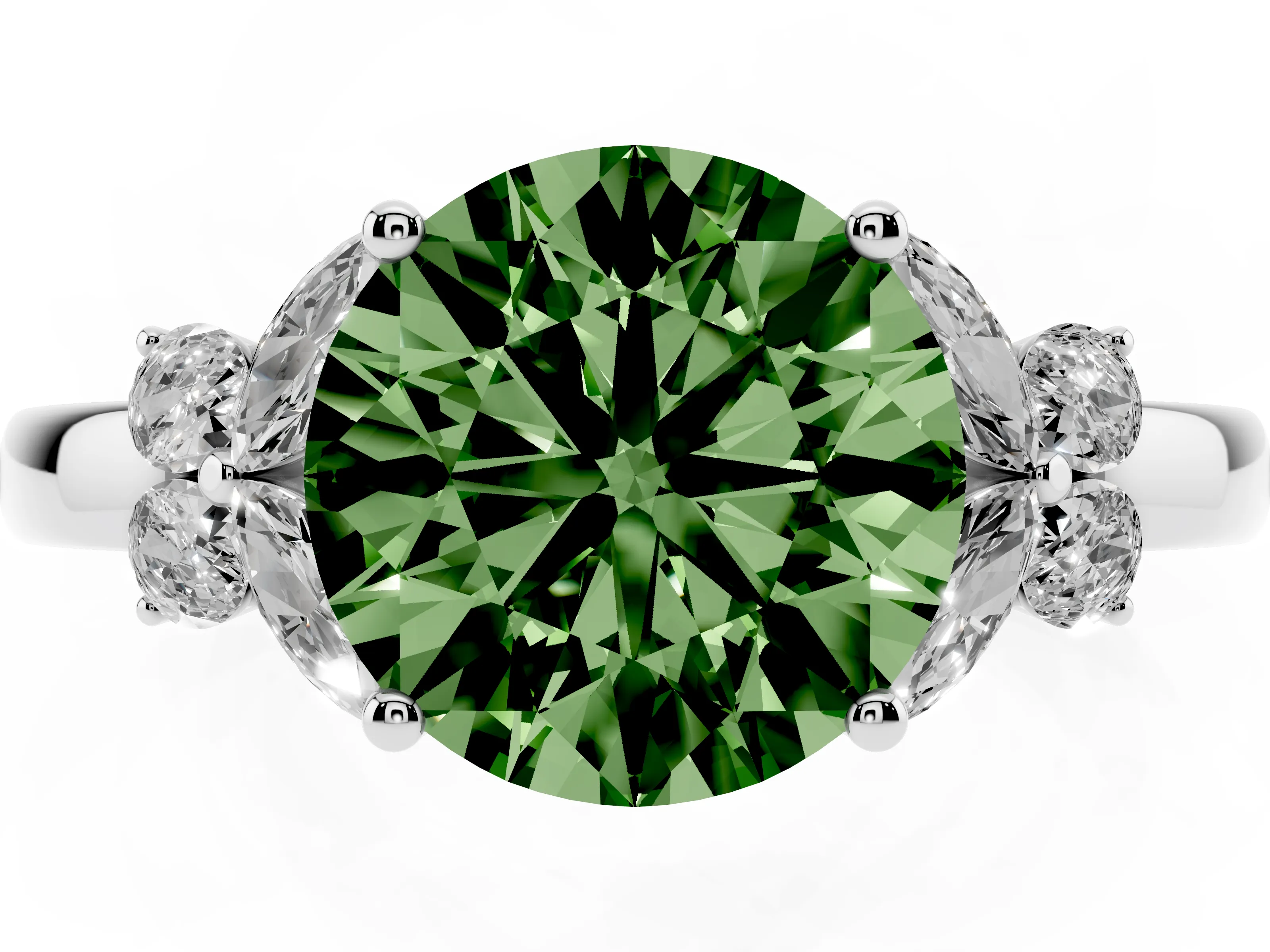 Fancy Green Round Cut Diamond Solitaire Floral Ring Set in Silver with Marquise Petals and Prong Setting