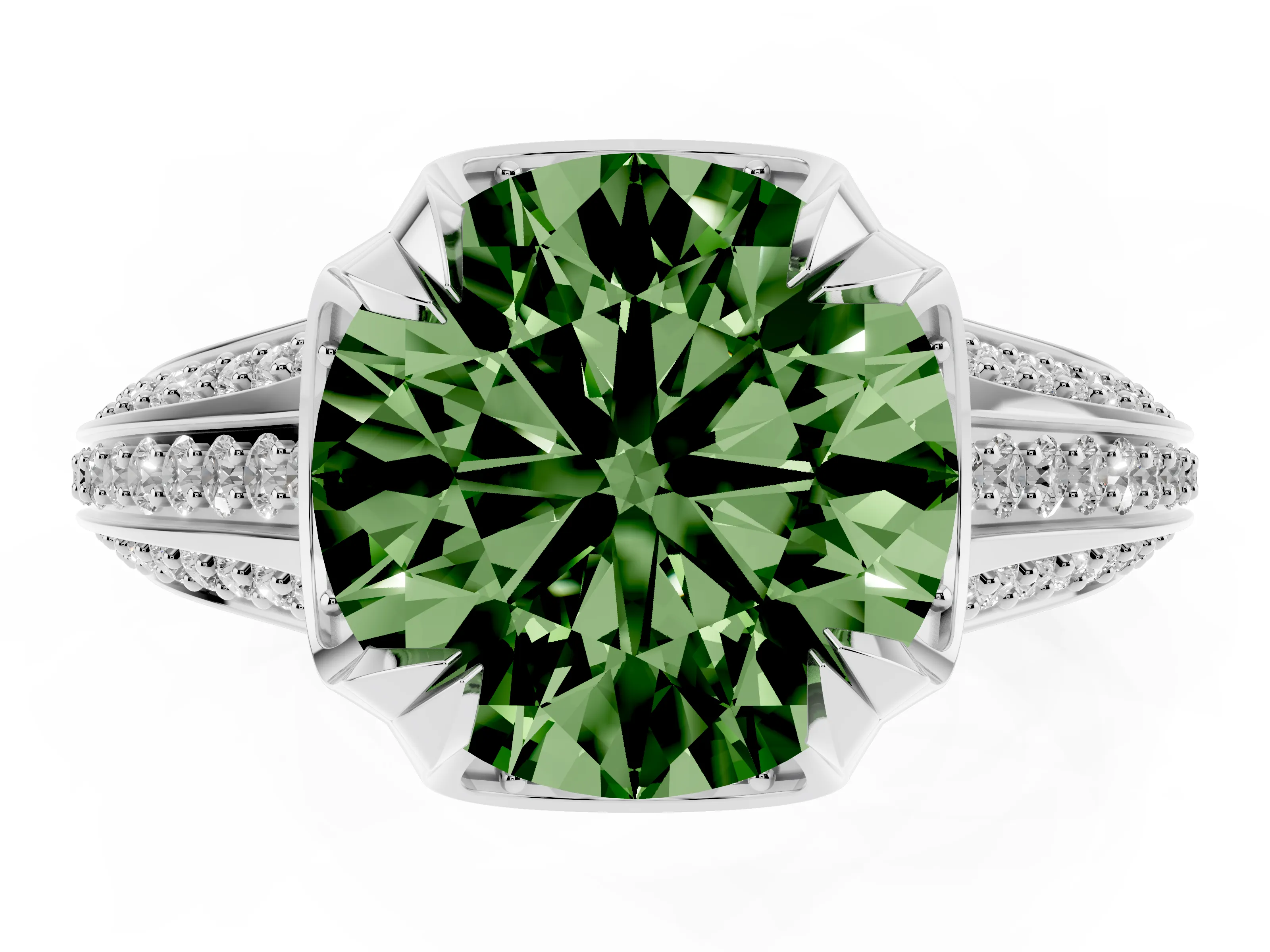 Fancy Green Round Cut Diamond Pavé Split Shank Solitaire Ring Set in Platinum with Prong Setting