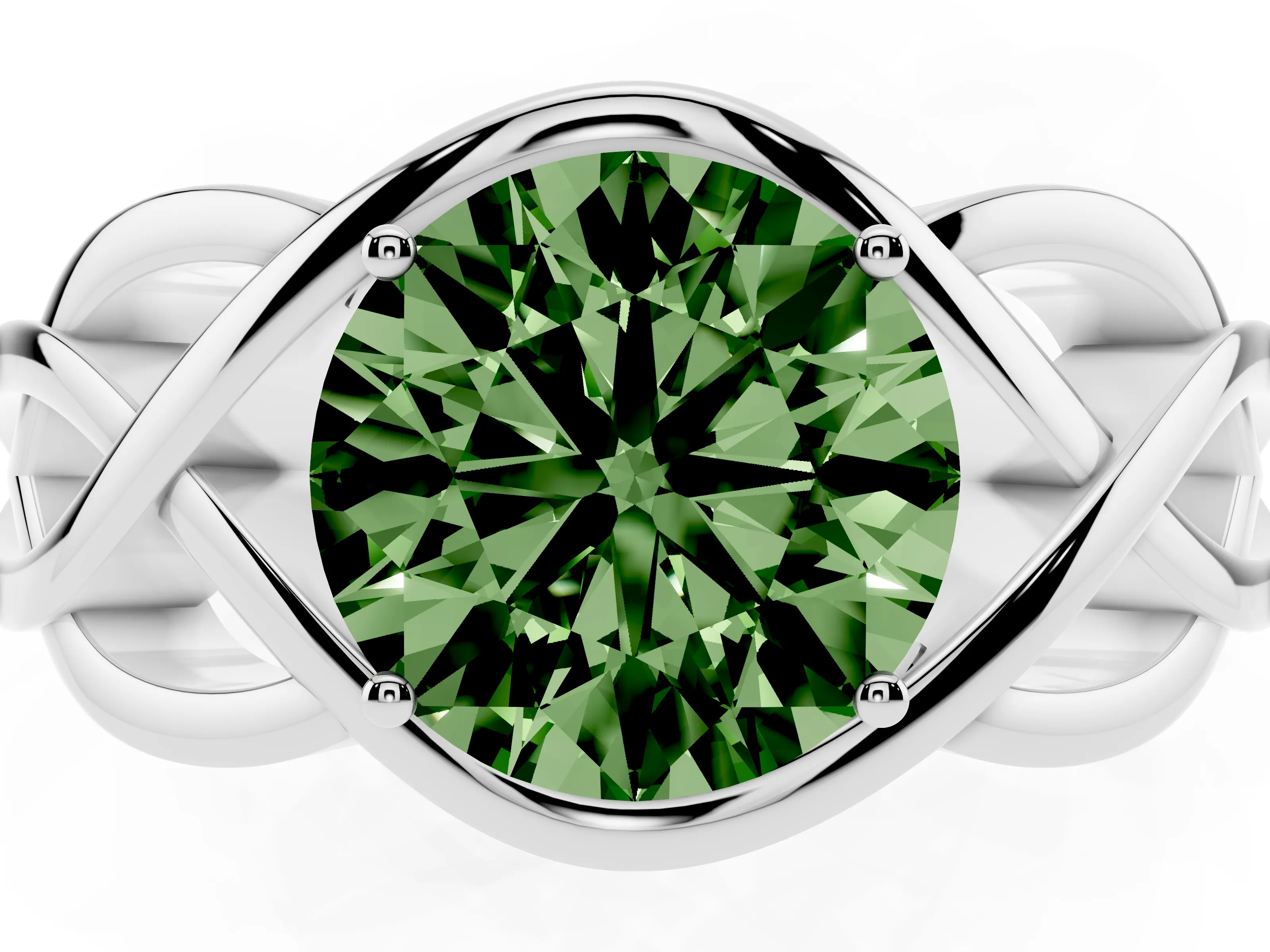 Fancy Green Round Cut Diamond Solitaire Ring Set in White gold with Intertwined Band