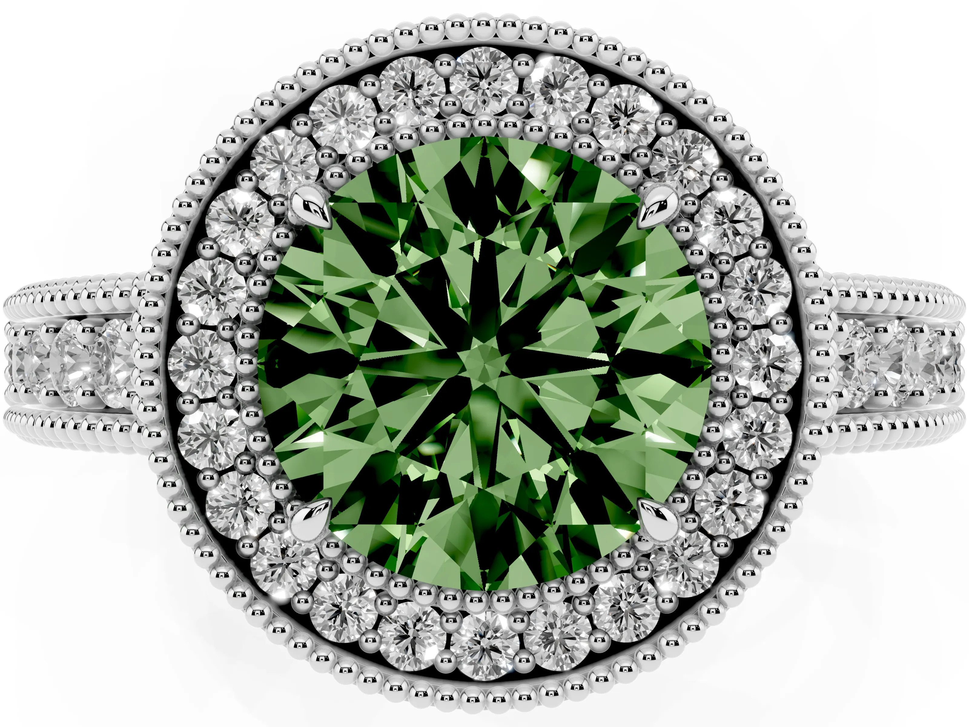 Fancy Green Round Cut Diamond Halo Ring Set in White gold with Round Accent Halo, Pavé Band and Prong Setting
