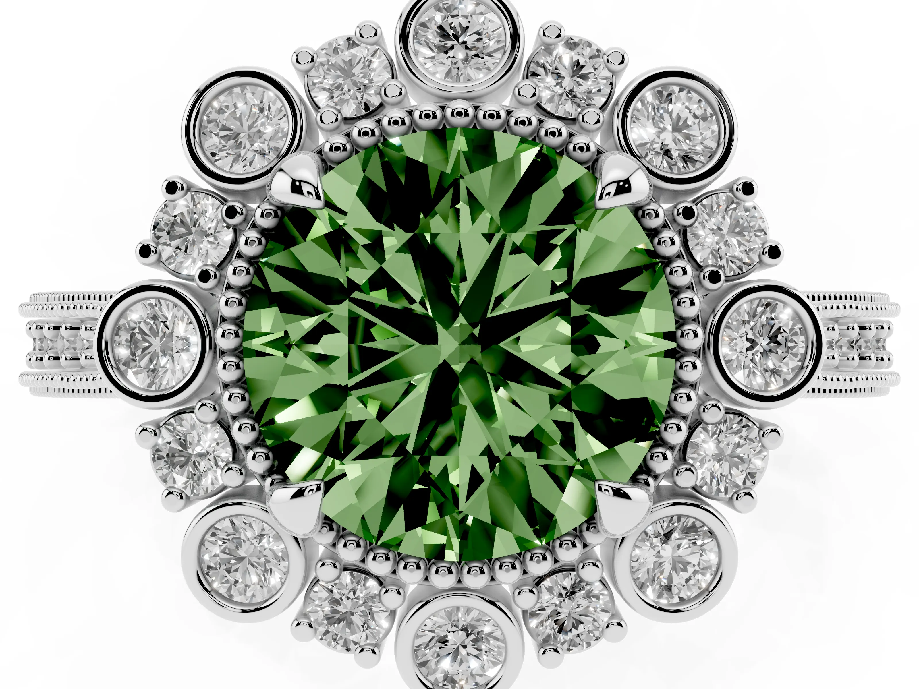 Fancy Green Round Cut Diamond Halo Milgrain Pavé Ring Set in White gold with Prong Setting