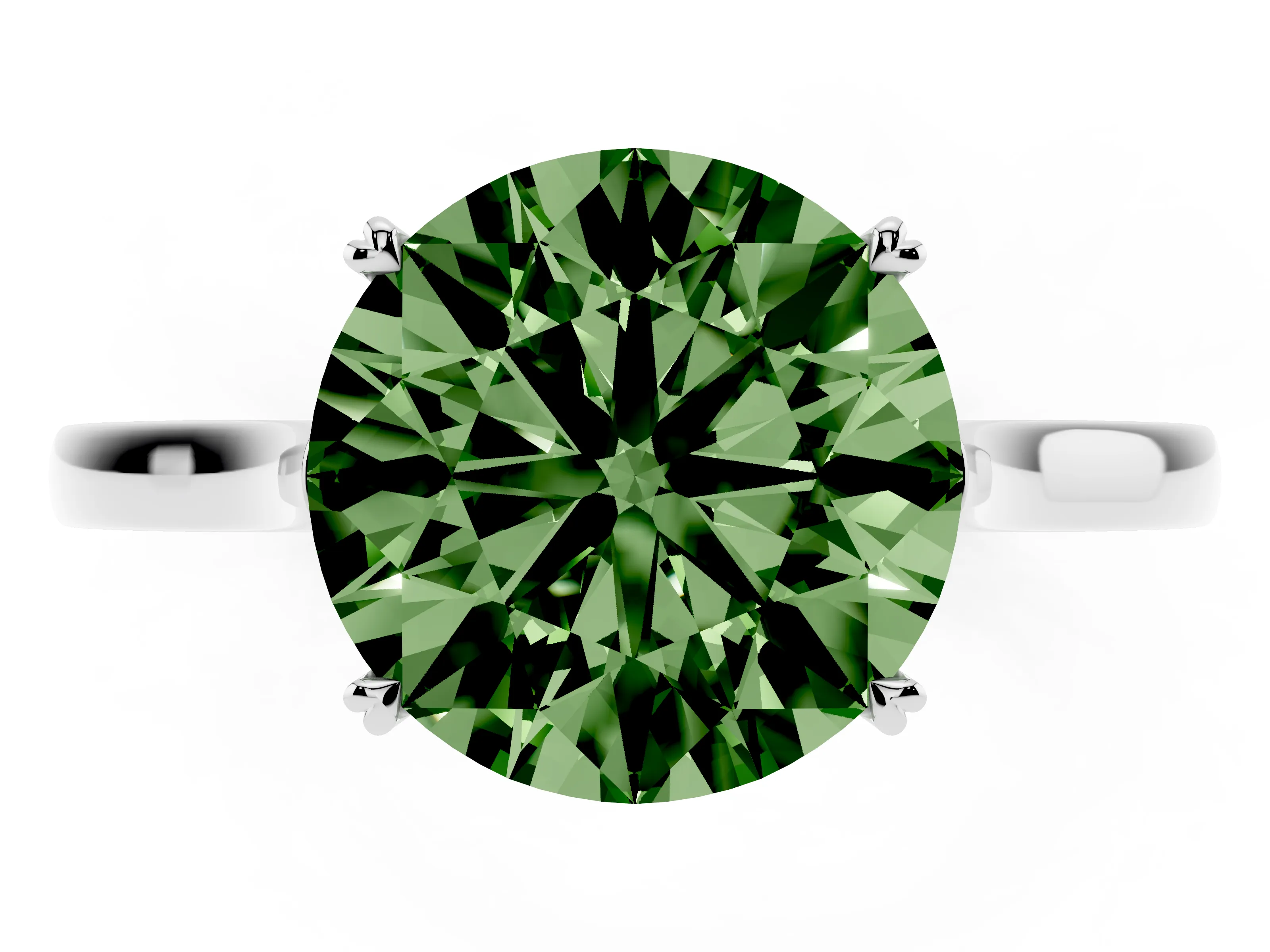 Fancy Green Round Cut Diamond Solitaire Heart Prong Engagement Ring Set in Platinum with Tapered Band