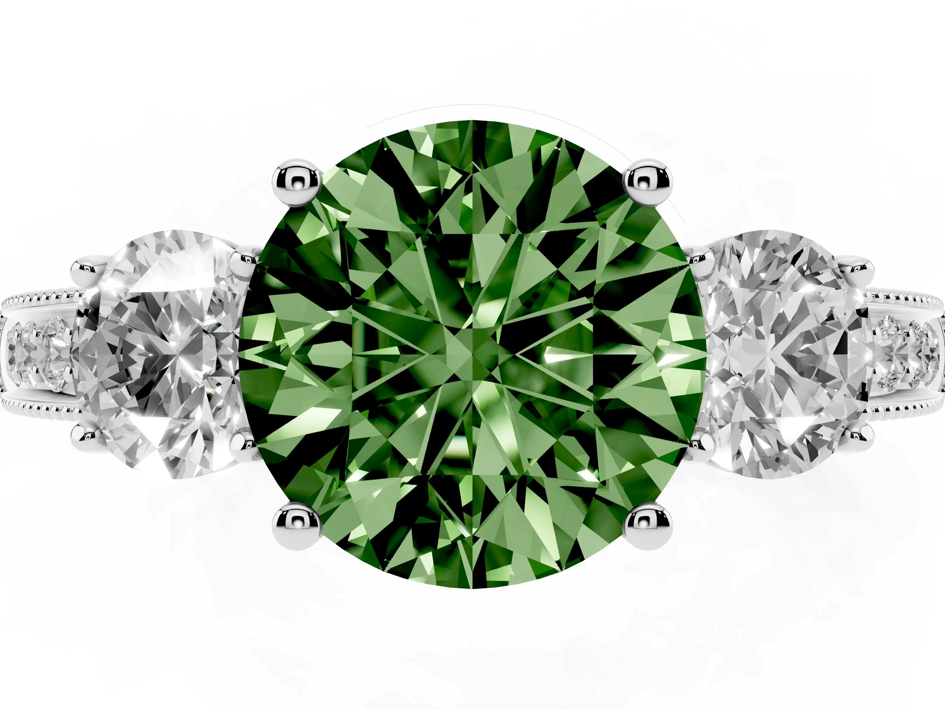 Fancy Green Round Cut Diamond Three-Stone Ring Set in White gold with Round Side Stones and Pavé Band