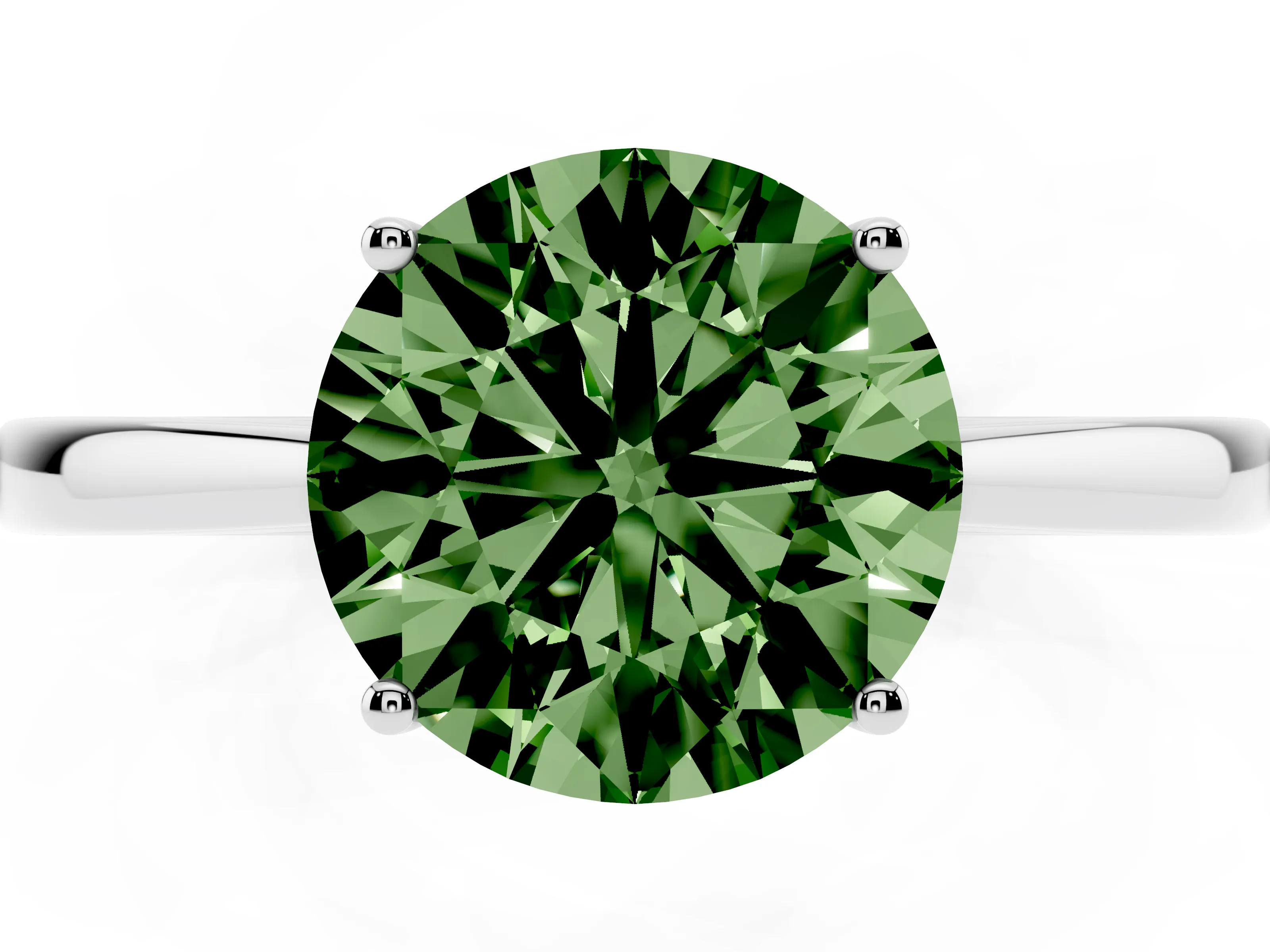 Fancy Green Round Cut Diamond Solitaire Ring Set in White gold with Split Shank and Prong Setting